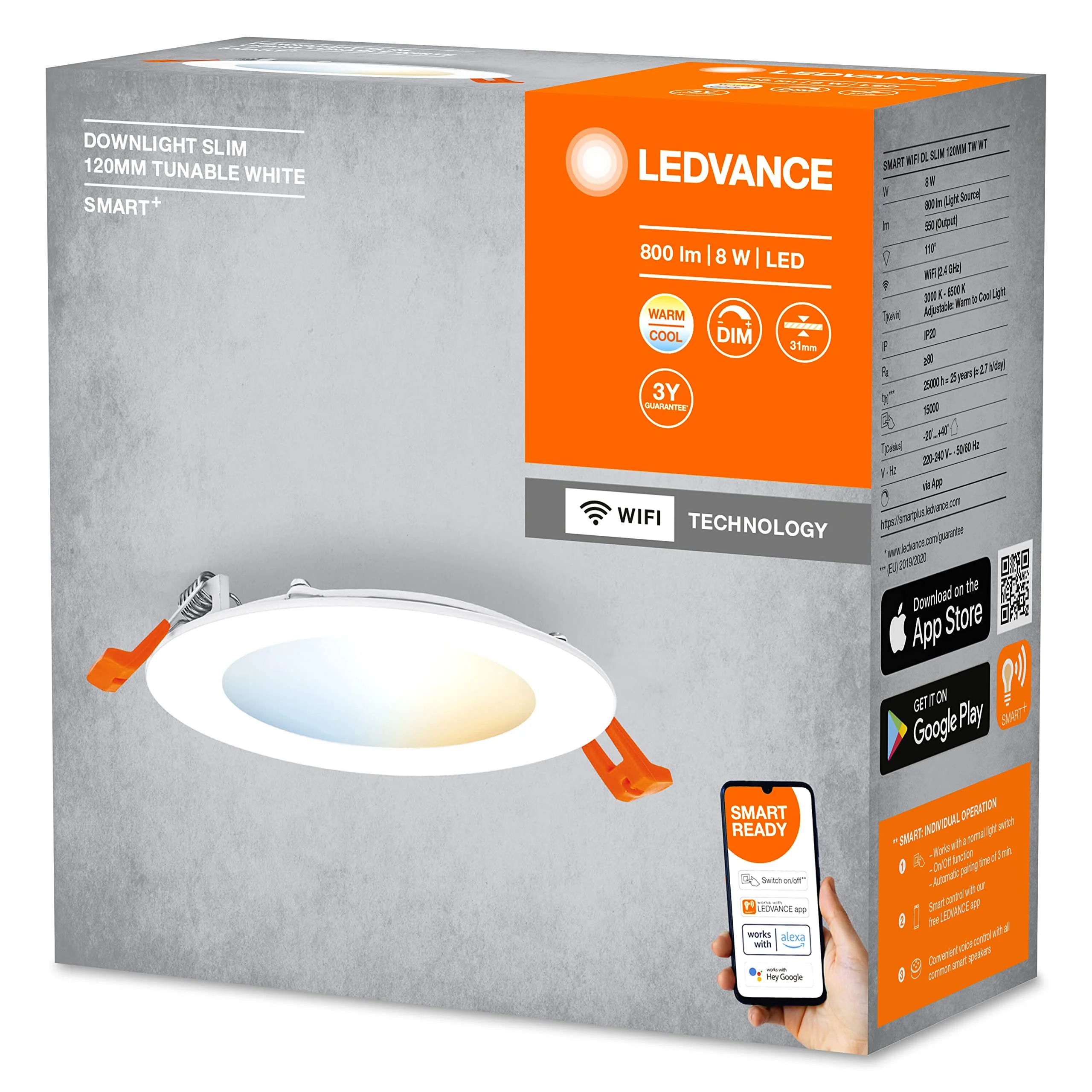 LEDVANCE LED Spotlight Integrated Slim Diameter 12 cm Round Recessed Ceiling Spot for Indoor Use Dimmable 8 W Colour Temperature 3000 - 6500 K 550 Lumen Flat Design Includes Clamping Device White 3000-6500k 120mm 8w - Image 4