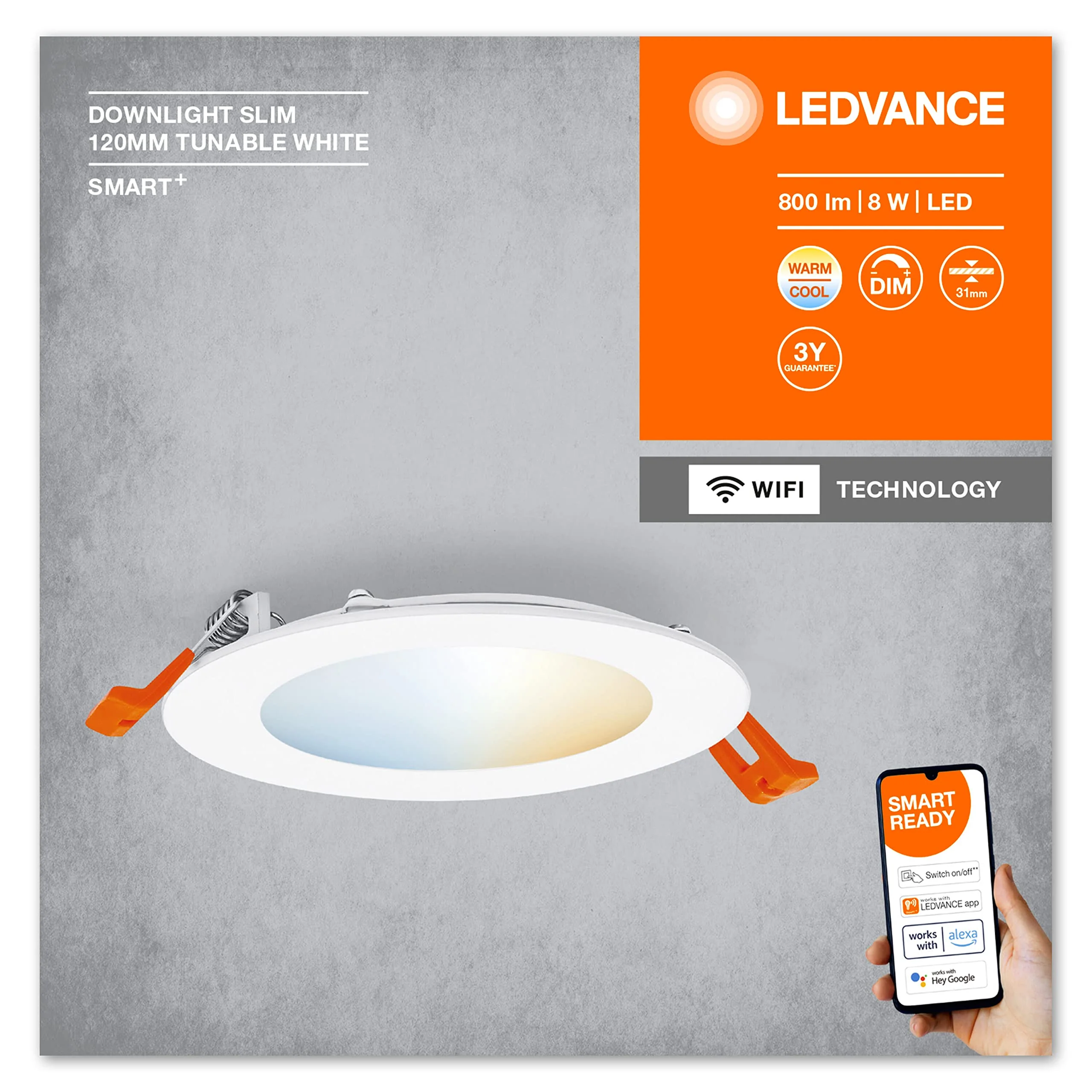 LEDVANCE LED Spotlight Integrated Slim Diameter 12 cm Round Recessed Ceiling Spot for Indoor Use Dimmable 8 W Colour Temperature 3000 - 6500 K 550 Lumen Flat Design Includes Clamping Device White 3000-6500k 120mm 8w - Image 5