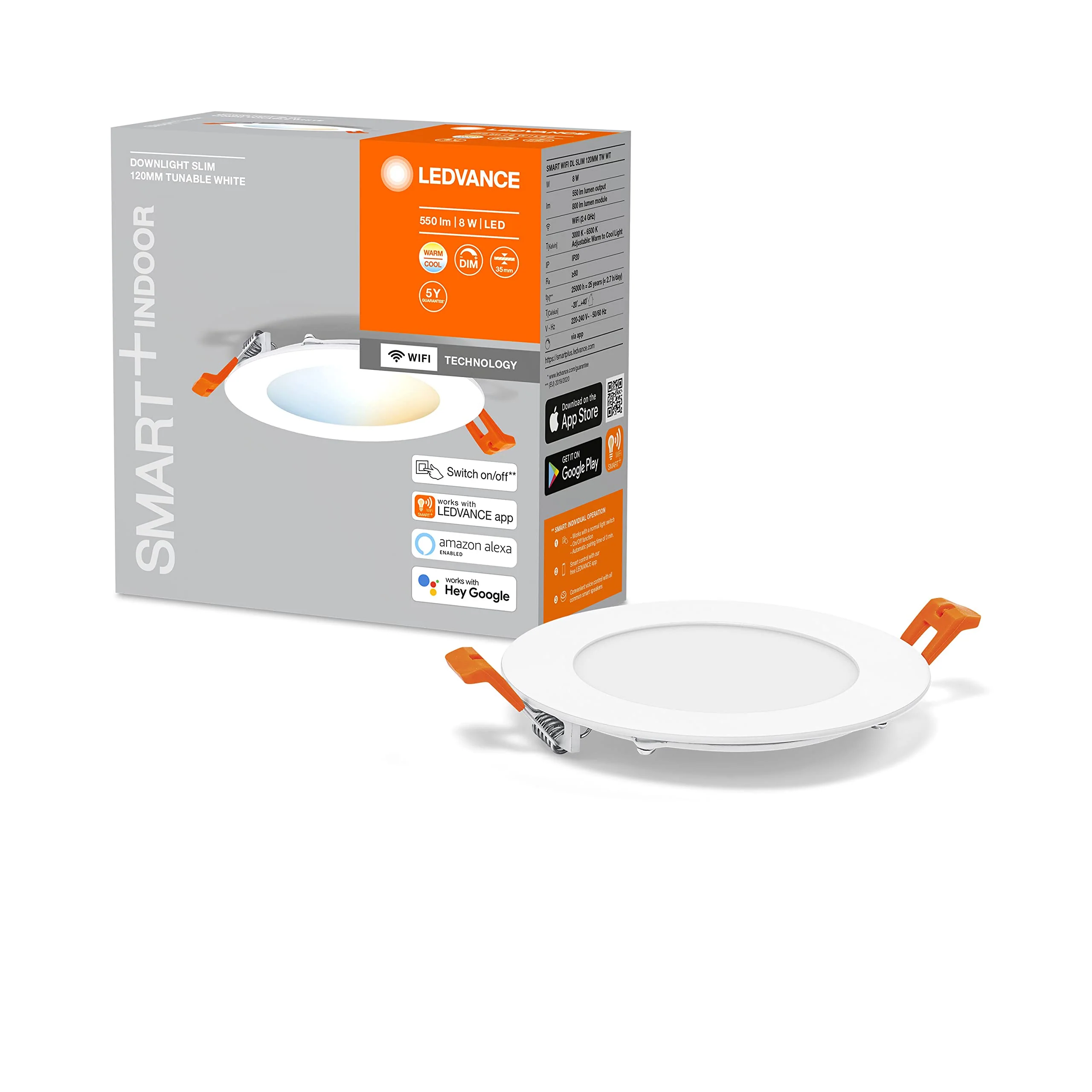 LEDVANCE LED Spotlight Integrated Slim Diameter 12 cm Round Recessed Ceiling Spot for Indoor Use Dimmable 8 W Colour Temperature 3000 - 6500 K 550 Lumen Flat Design Includes Clamping Device White 3000-6500k 120mm 8w - Image 6