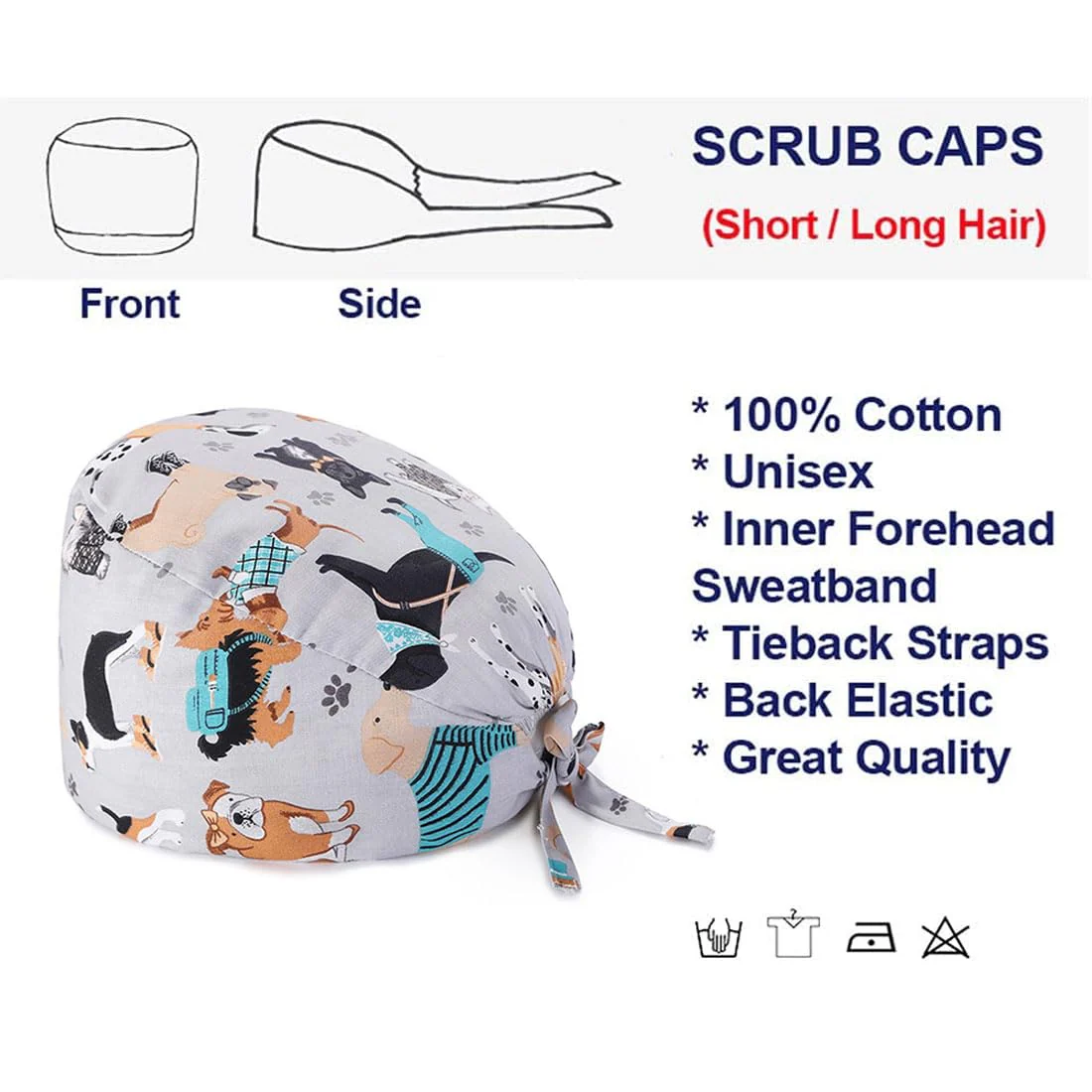 LEEQBCR 1 x Cotton Surgical Hat with Button Chef's Hat Work Hat Printed Nurse Hat Unisex Dust Cap for Men Women (Grey), gray - Image 2