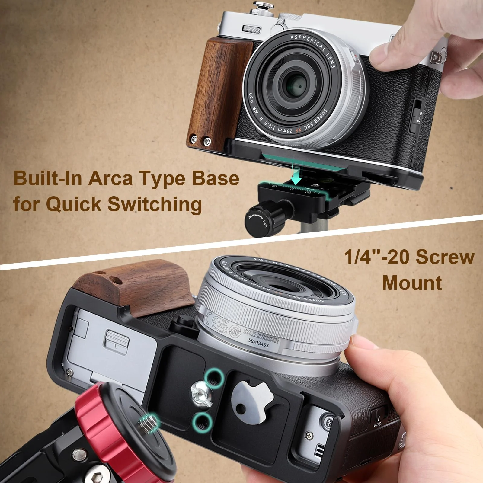 Leftfoto X-E5 Retro Handgrip L-Shape Bracket with Walnut Wooden Grip for Fujifilm X-E5 Camera,with Built-in Bottom Arca Quick Release Plate,Black Black - Image 6