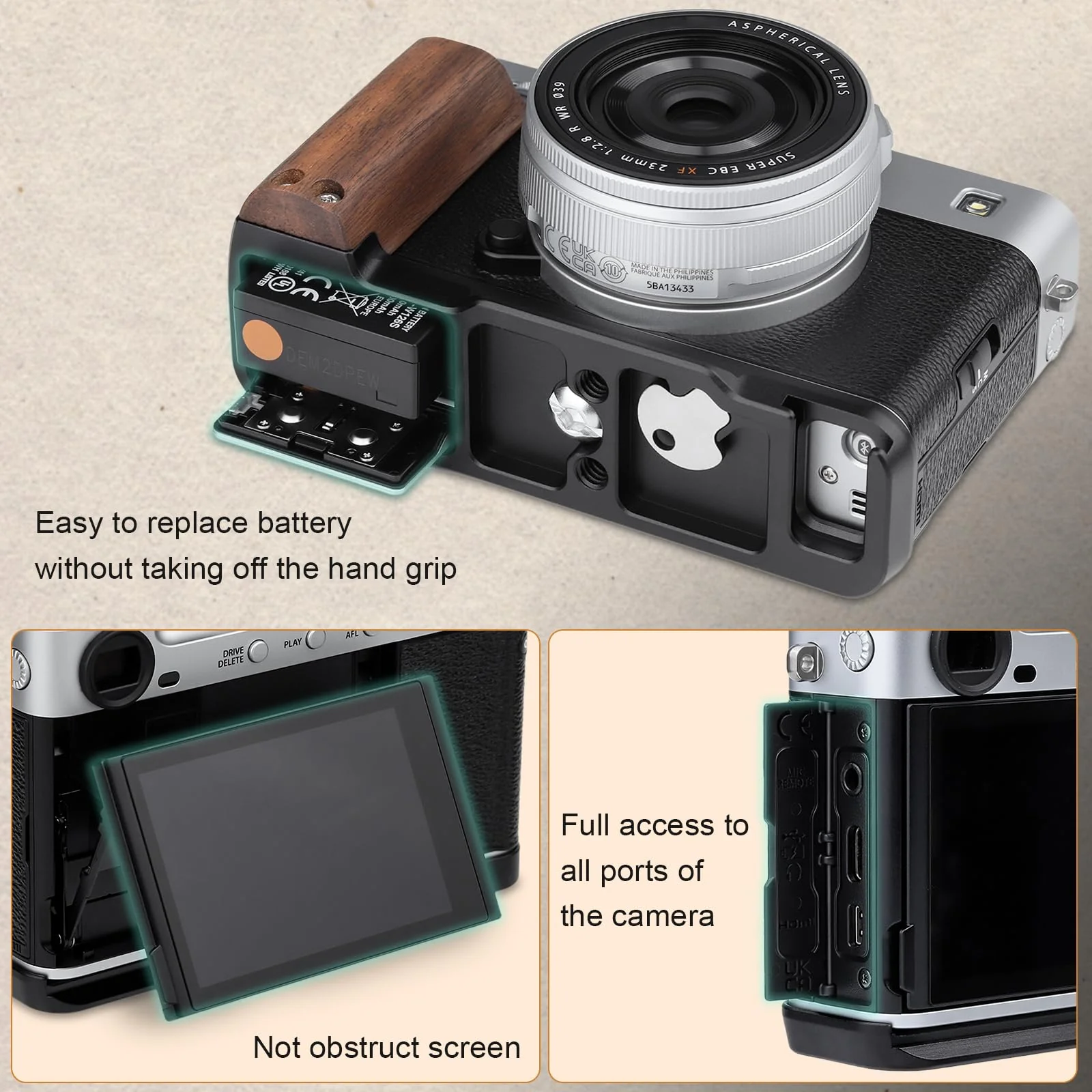 Leftfoto X-E5 Retro Handgrip L-Shape Bracket with Walnut Wooden Grip for Fujifilm X-E5 Camera,with Built-in Bottom Arca Quick Release Plate,Black Black - Image 8