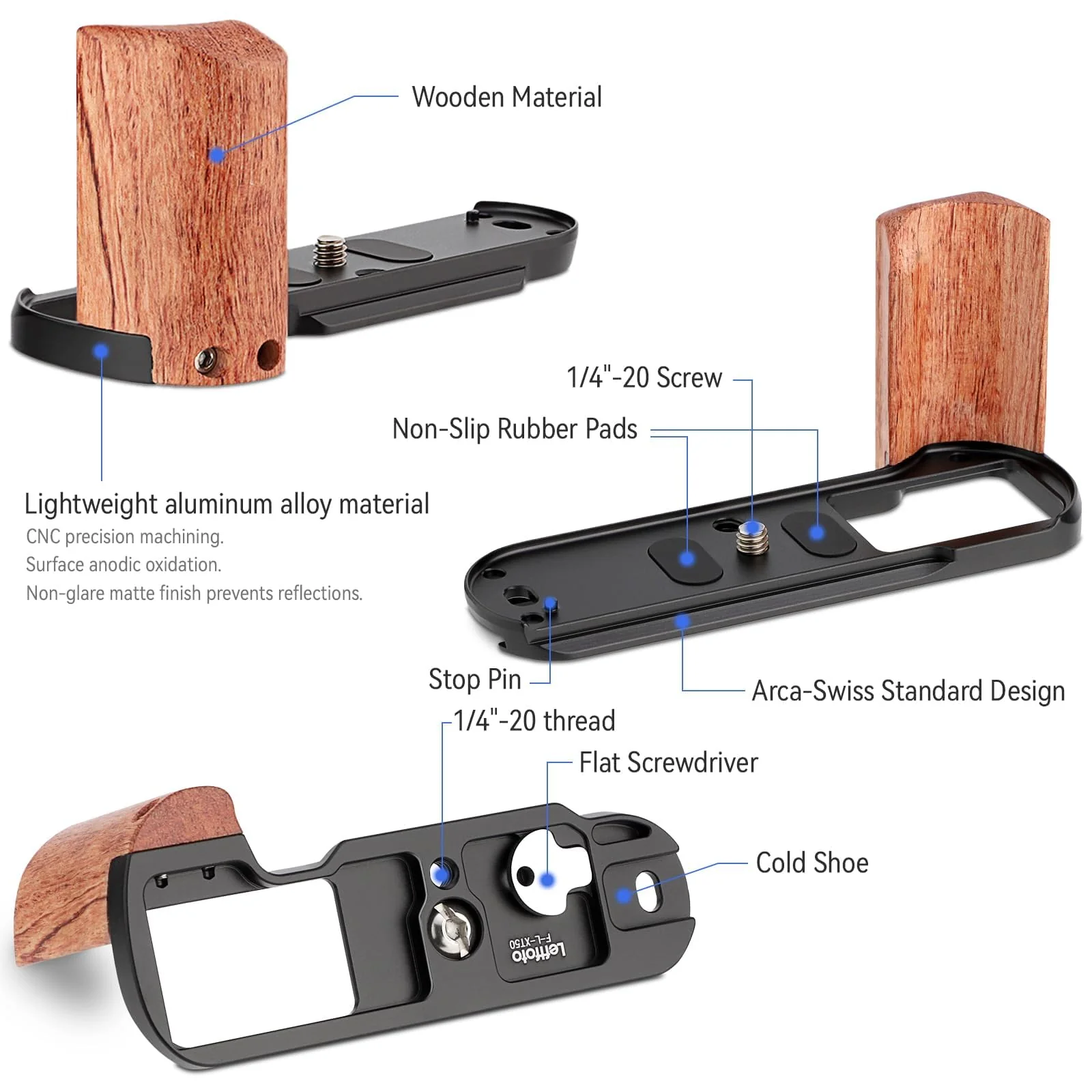 LEFTFOTO X-T50 Retro Handgrip L-Shape Bracket Handle with Wooden Grip for Fujifilm X-T50 Camera,with Built-in Bottom Arca Quick Release Plate, with Shutter Button,Black - Image 3