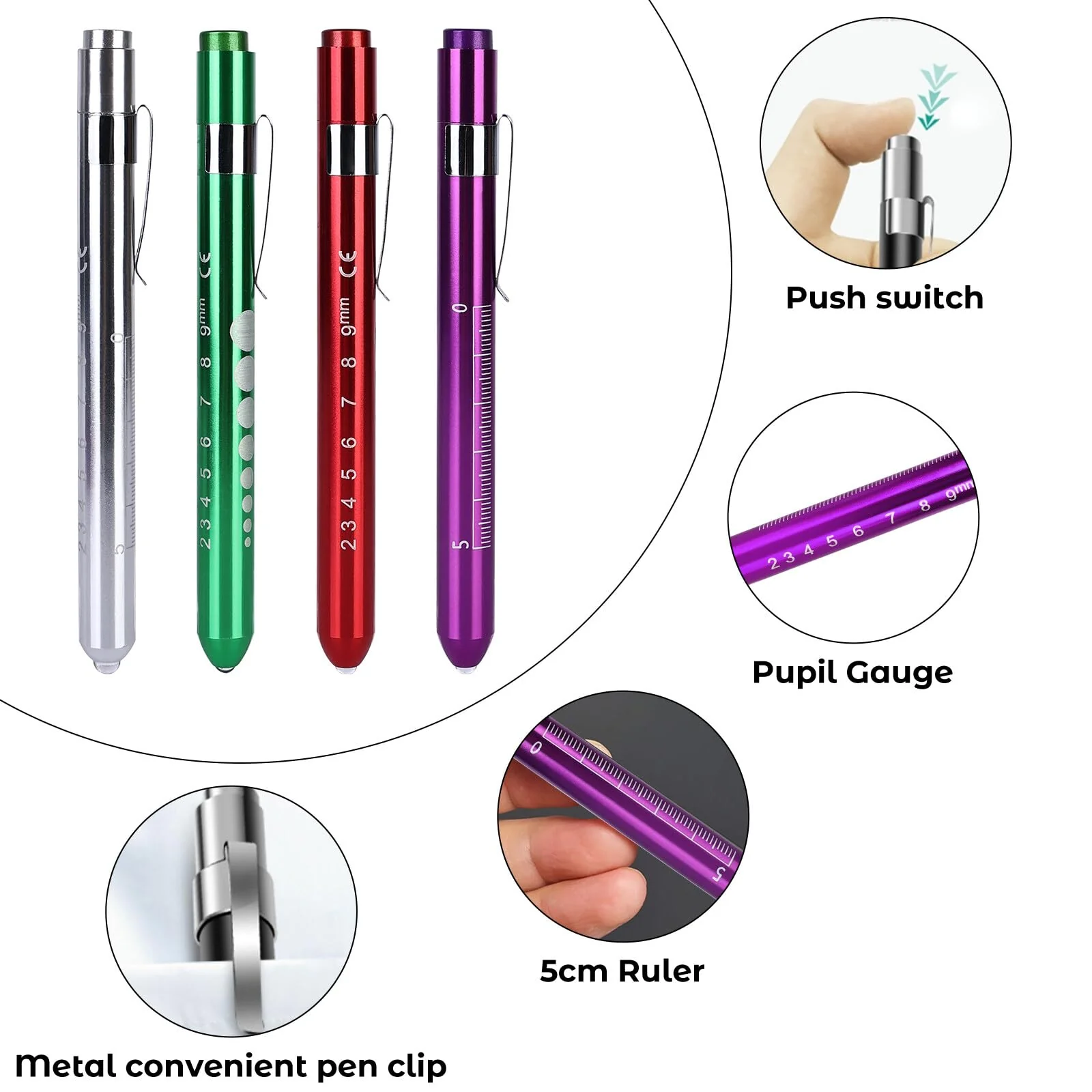 Leikurvo LED Pen Lamp for Doctors: Pack of 8 Aluminium Medical Penlight, Diagnostic Function, for Nurses and Emergency Services (Red, Purple, Green, Silver) - Image 5