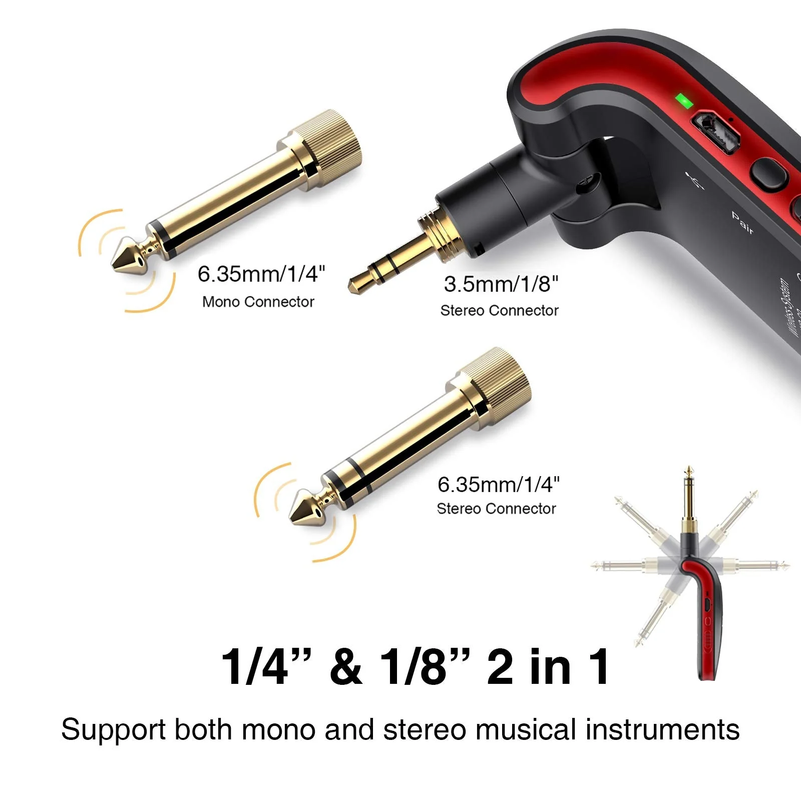LEKATO 2.4GHz Wireless Guitar System - 6 Channels Rechargeable Wireless Transmitter & Receiver for Guitar & Bass, Stereo & Mono 1/4' & 1/8' 2 in 1 Plugs (Black & Red) - Image 2