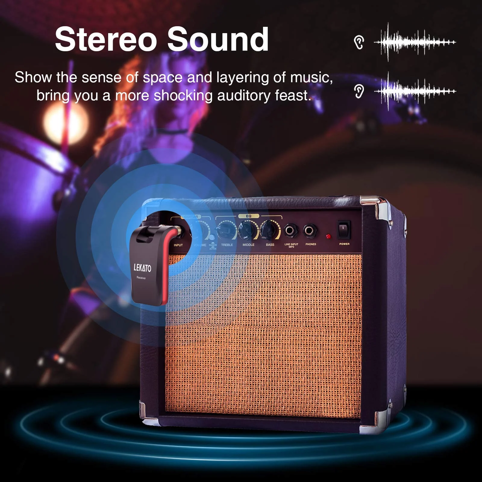 LEKATO 2.4GHz Wireless Guitar System - 6 Channels Rechargeable Wireless Transmitter & Receiver for Guitar & Bass, Stereo & Mono 1/4' & 1/8' 2 in 1 Plugs (Black & Red) - Image 3