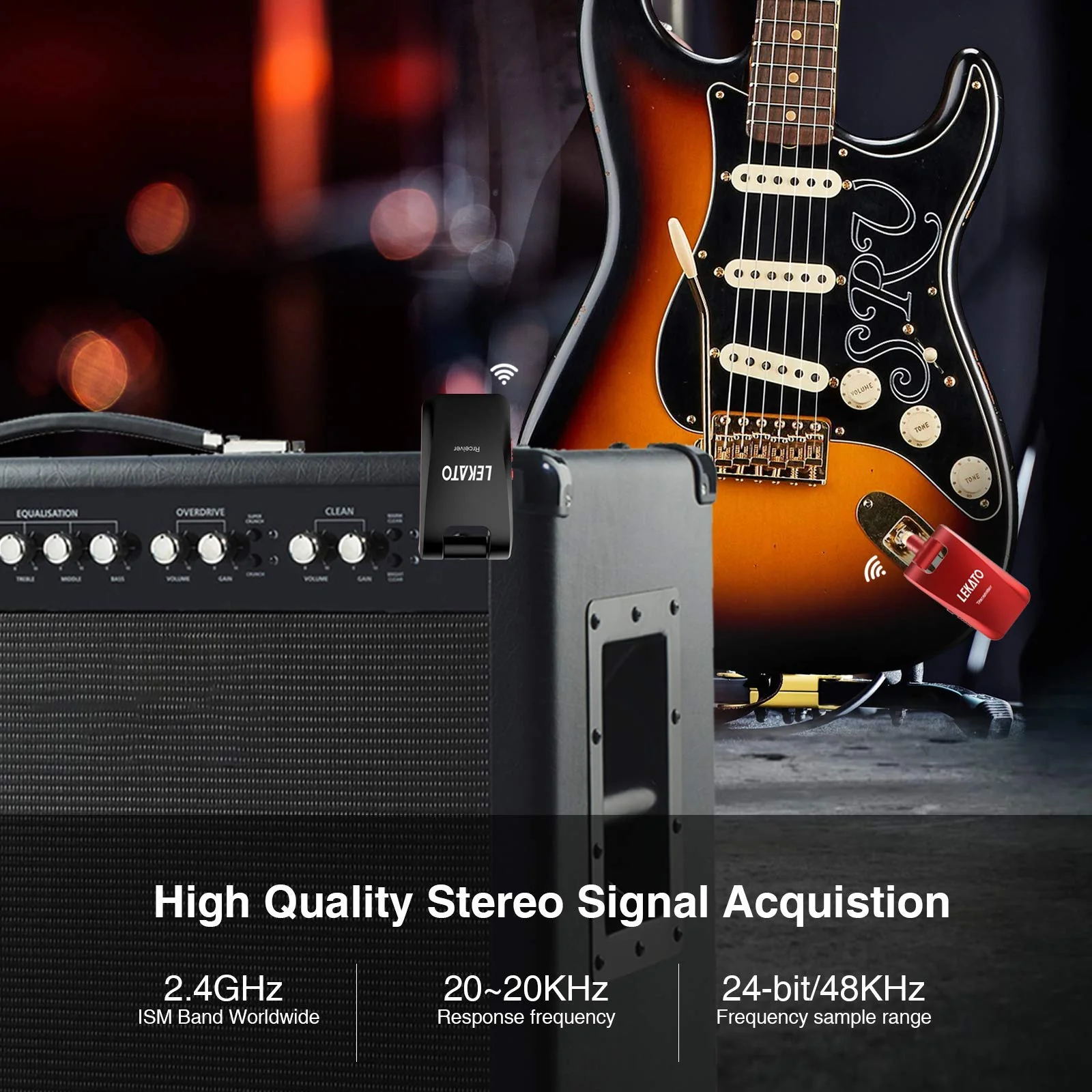 LEKATO 2.4GHz Wireless Guitar System - 6 Channels Rechargeable Wireless Transmitter & Receiver for Guitar & Bass, Stereo & Mono 1/4' & 1/8' 2 in 1 Plugs (Black & Red) - Image 4