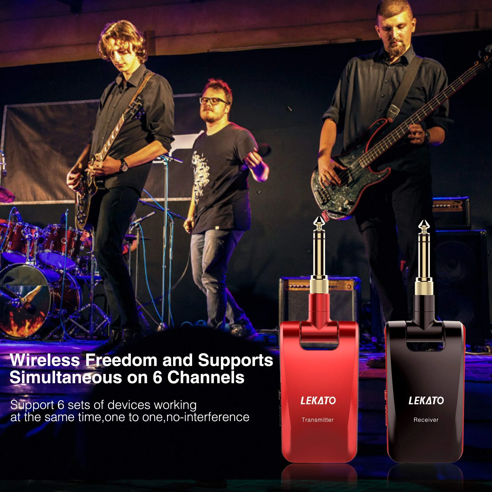 LEKATO 2.4GHz Wireless Guitar System - 6 Channels Rechargeable Wireless Transmitter & Receiver for Guitar & Bass, Stereo & Mono 1/4' & 1/8' 2 in 1 Plugs (Black & Red) - Image 5