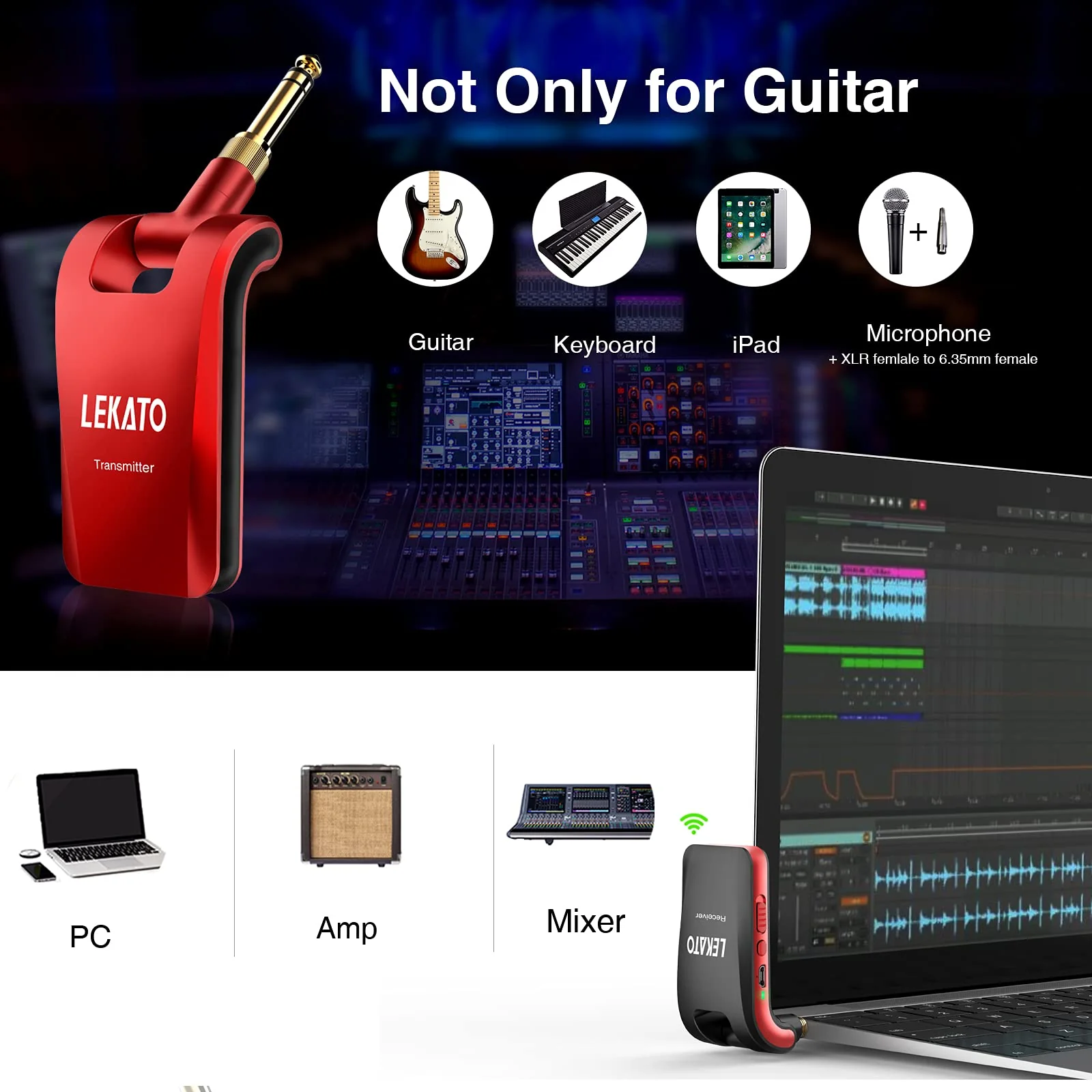 LEKATO 2.4GHz Wireless Guitar System - 6 Channels Rechargeable Wireless Transmitter & Receiver for Guitar & Bass, Stereo & Mono 1/4' & 1/8' 2 in 1 Plugs (Black & Red) - Image 6