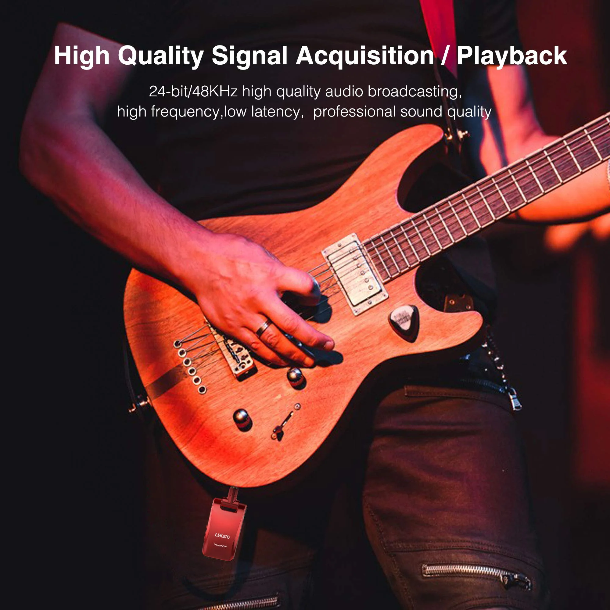 LEKATO 2.4GHz Wireless Guitar System - 6 Channels Rechargeable Wireless Transmitter & Receiver for Guitar & Bass, Stereo & Mono 1/4' & 1/8' 2 in 1 Plugs (Black & Red) - Image 7