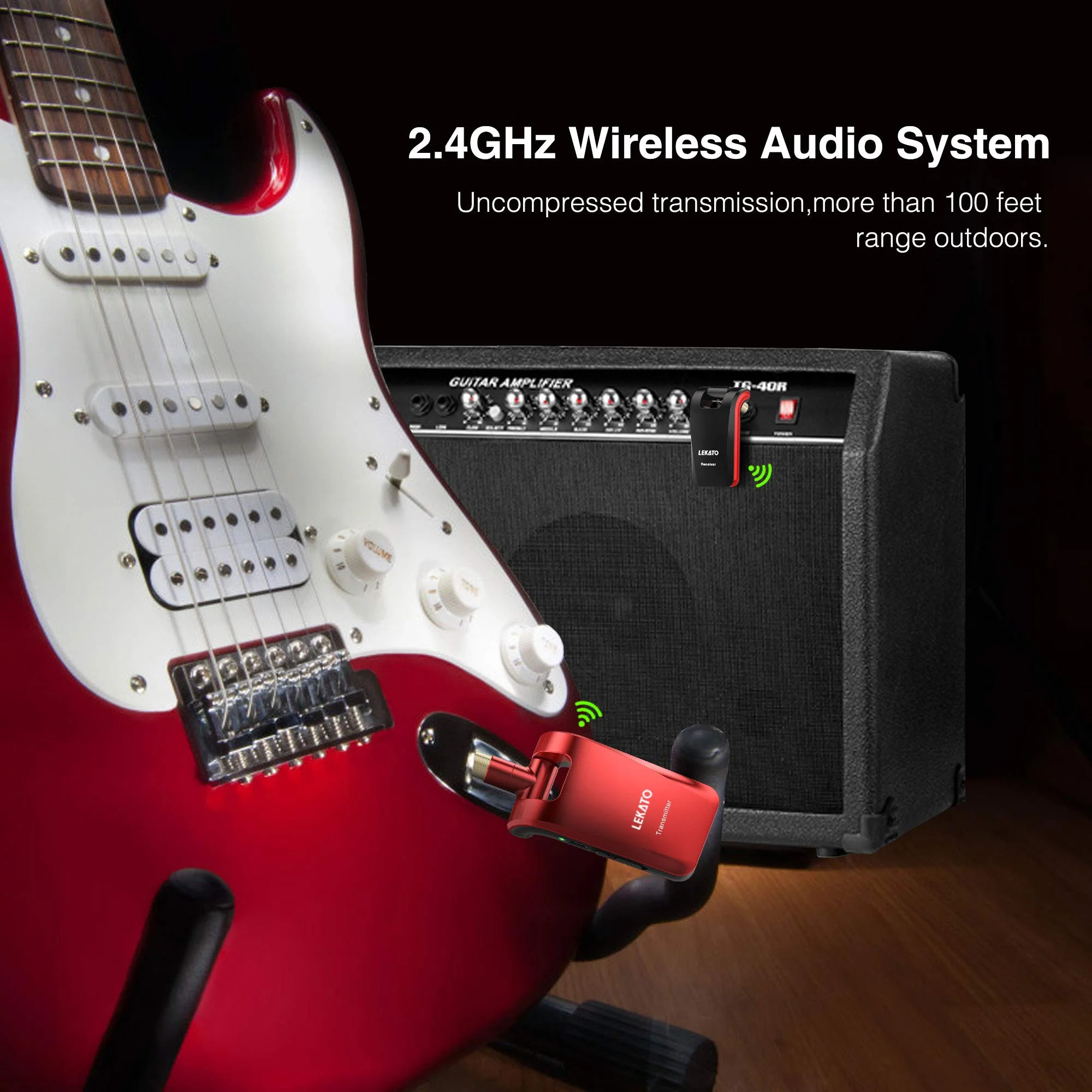LEKATO 2.4GHz Wireless Guitar System - 6 Channels Rechargeable Wireless Transmitter & Receiver for Guitar & Bass, Stereo & Mono 1/4' & 1/8' 2 in 1 Plugs (Black & Red) - Image 8