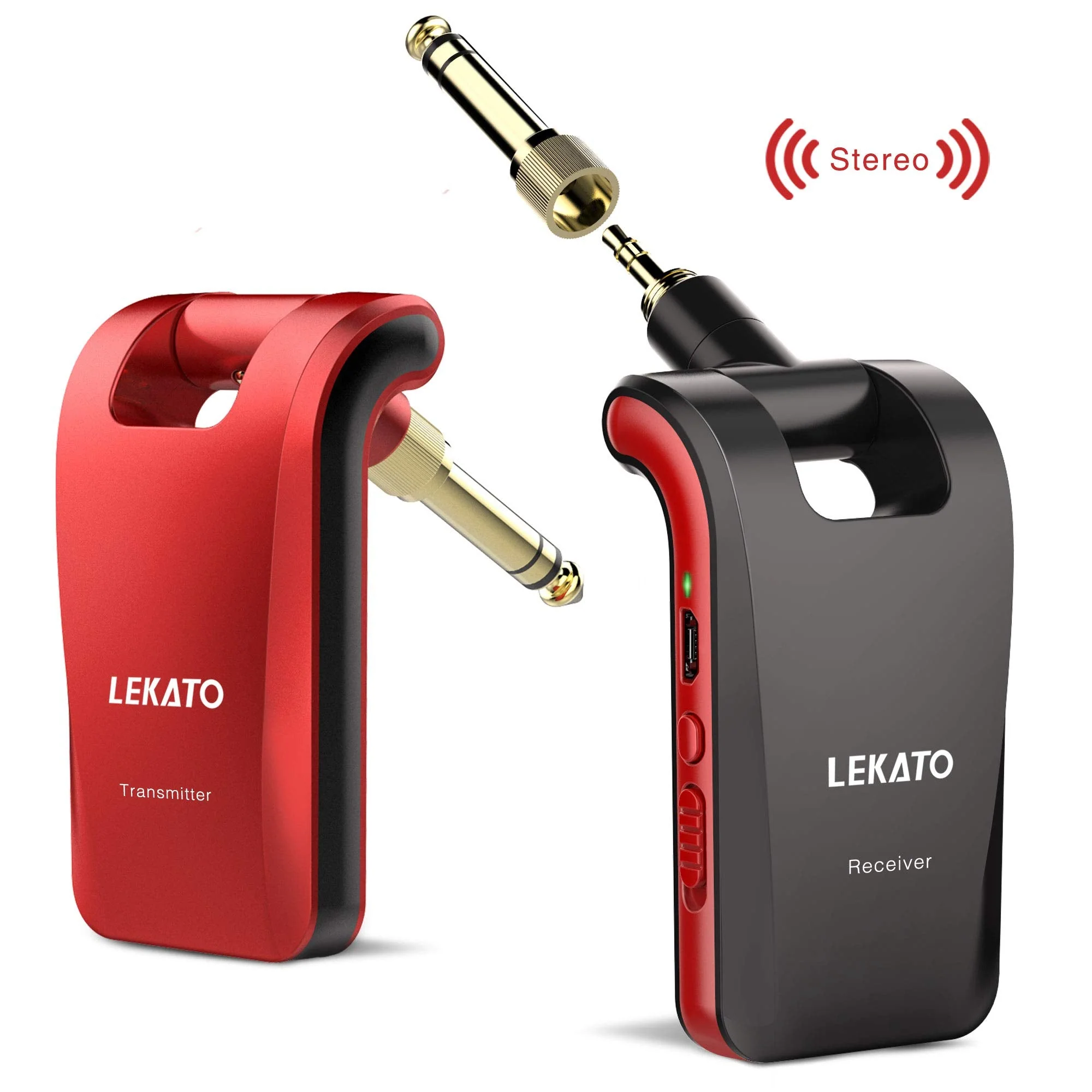 LEKATO 2.4GHz Wireless Guitar System - 6 Channels Rechargeable Wireless Transmitter & Receiver for Guitar & Bass, Stereo & Mono 1/4' & 1/8' 2 in 1 Plugs (Black & Red) - Image 9