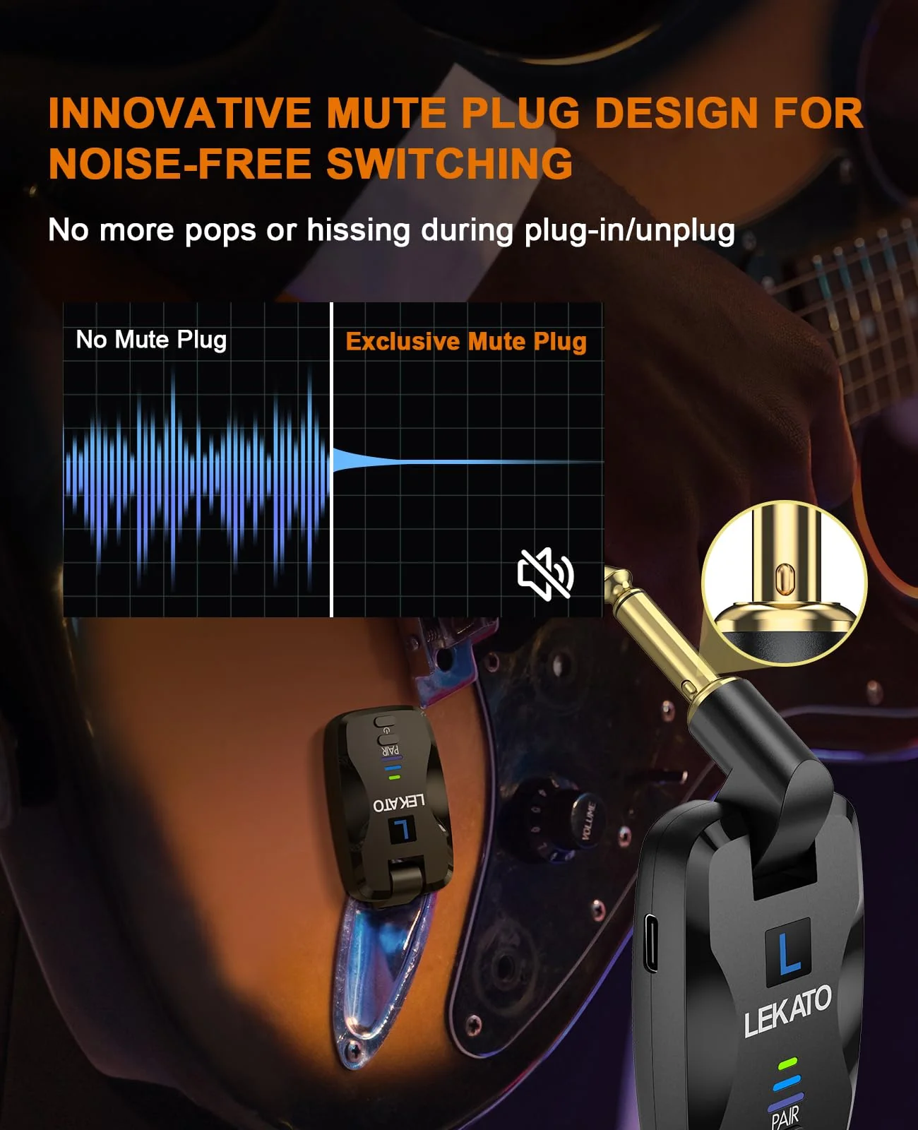 LEKATO 2.4Ghz Wireless Guitar System Exclusive Mute Plug for Electric Guitar Bass, Audio Wireless Guitar Transmitter and Receiver with 18 Channels Rechargeable Guitar Wireless System for Guitar - Image 2