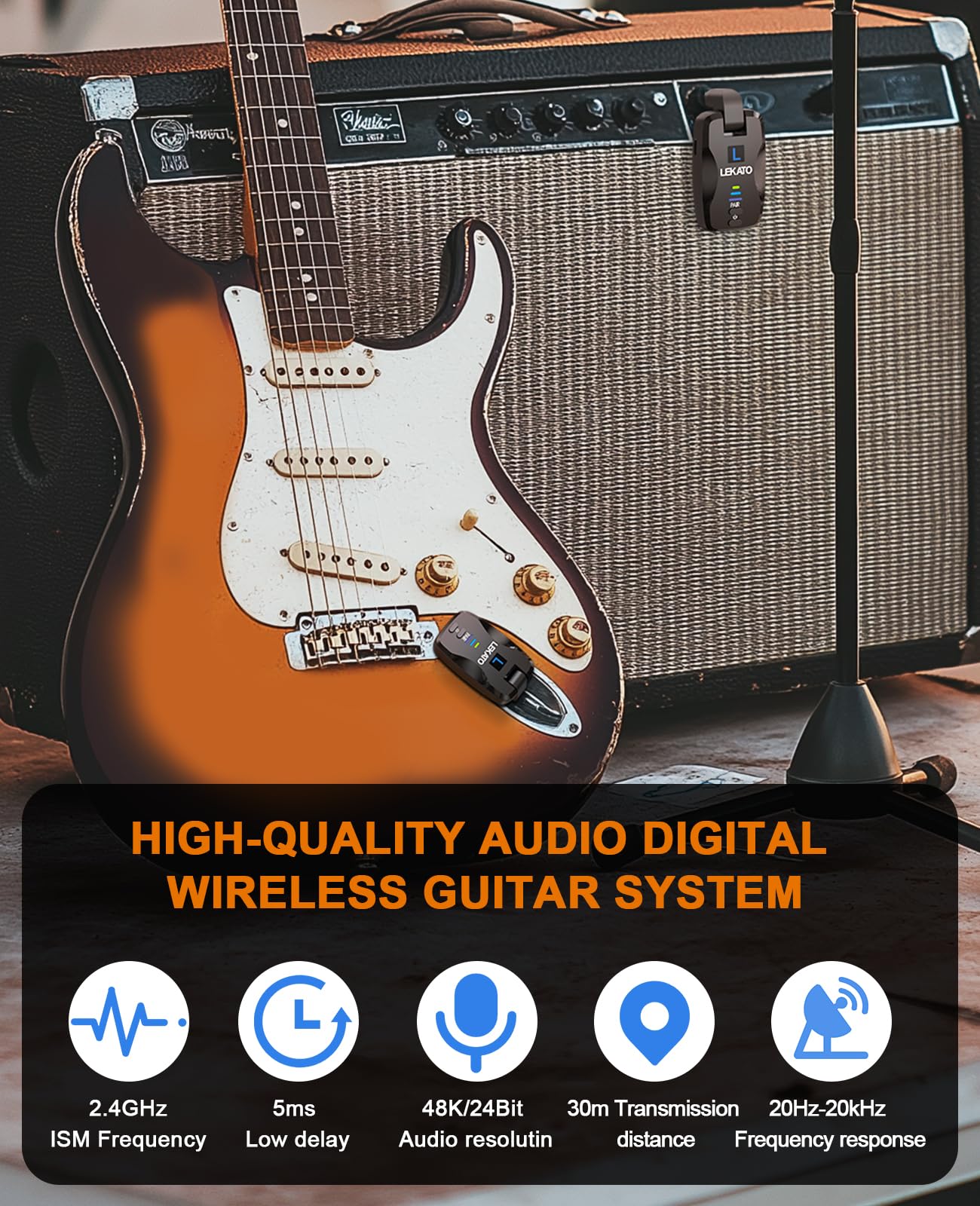LEKATO 2.4Ghz Wireless Guitar System Exclusive Mute Plug for Electric Guitar Bass, Audio Wireless Guitar Transmitter and Receiver with 18 Channels Rechargeable Guitar Wireless System for Guitar - Image 3