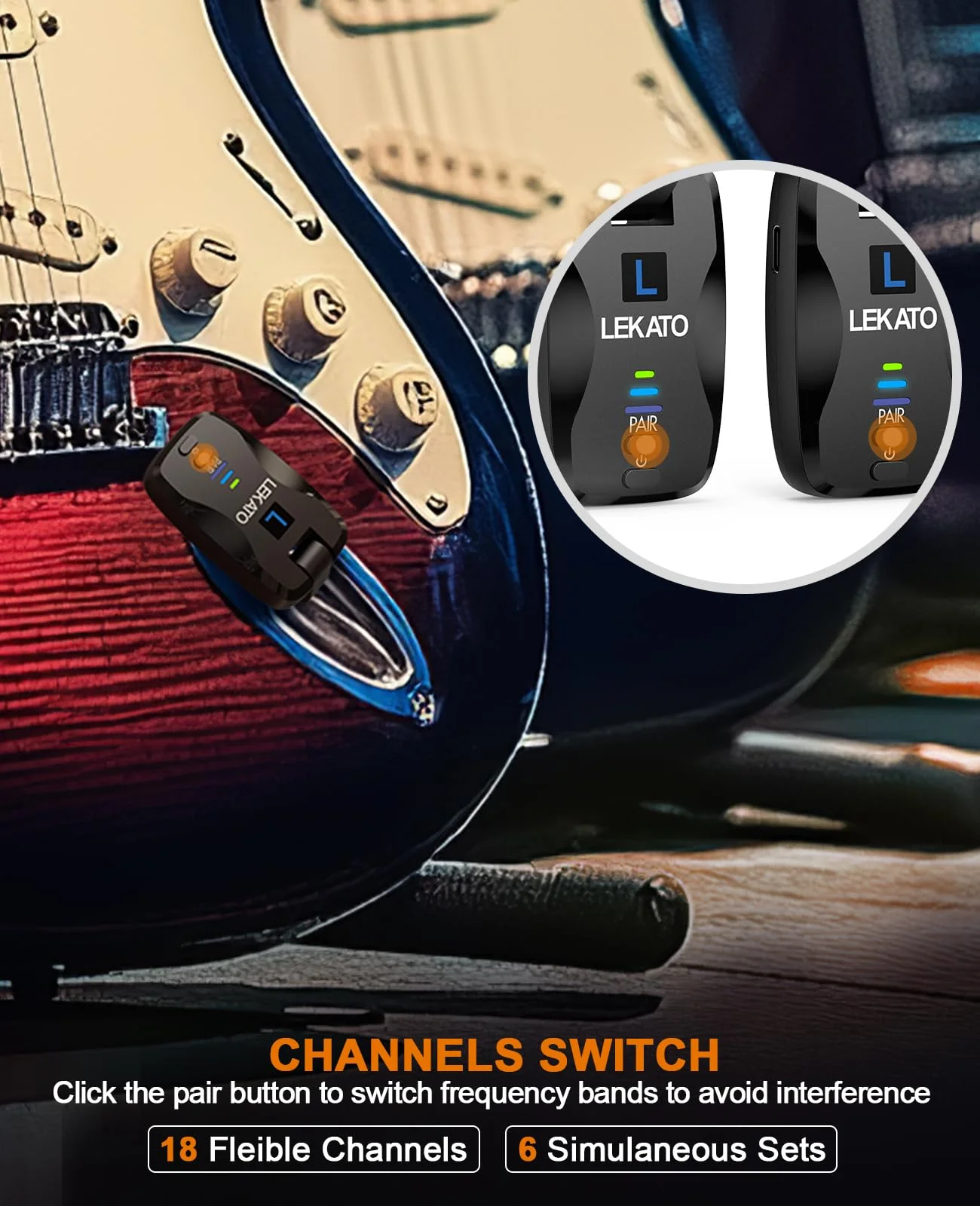 LEKATO 2.4Ghz Wireless Guitar System Exclusive Mute Plug for Electric Guitar Bass, Audio Wireless Guitar Transmitter and Receiver with 18 Channels Rechargeable Guitar Wireless System for Guitar - Image 6