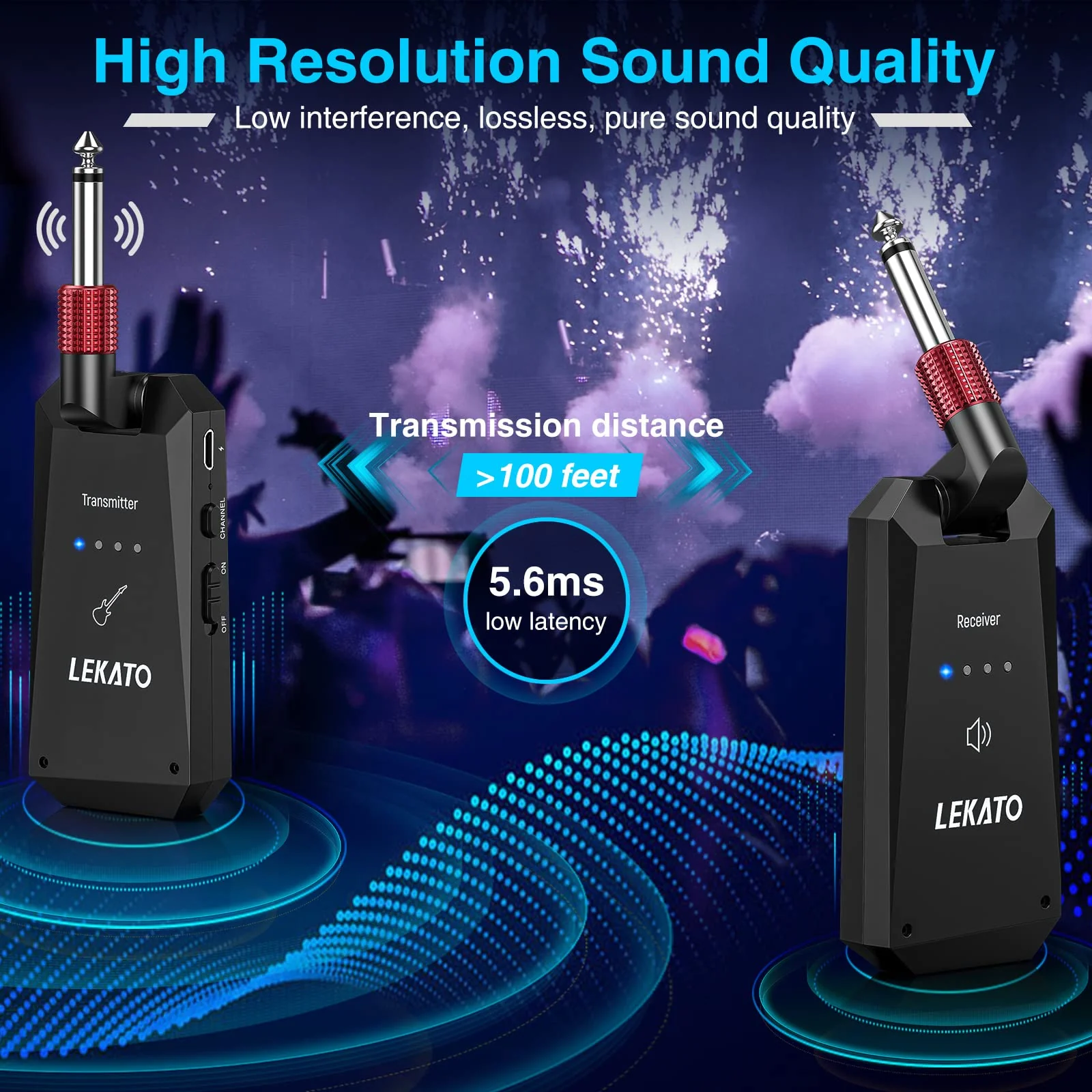 LEKATO 5.8G Wireless Guitar System Upgraded Rechargeable Wireless Guitar Transmitter Receiver, Super Long 8 Hours Battery Life, 4 Channels Guitar Wireless System for Electric Guitar Bass(WS-90) - Image 2