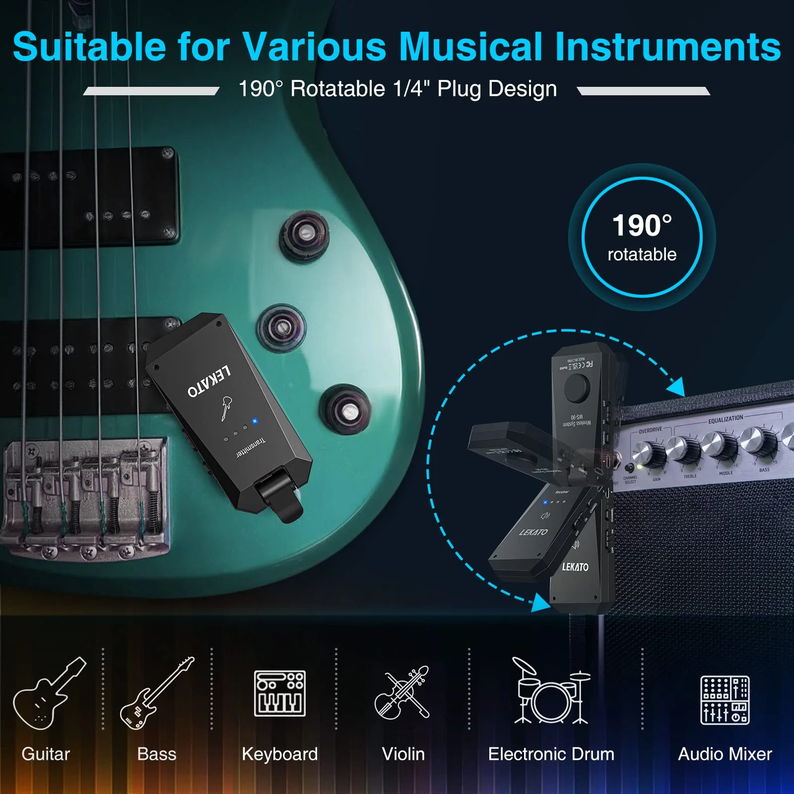 LEKATO 5.8G Wireless Guitar System Upgraded Rechargeable Wireless Guitar Transmitter Receiver, Super Long 8 Hours Battery Life, 4 Channels Guitar Wireless System for Electric Guitar Bass(WS-90) - Image 4