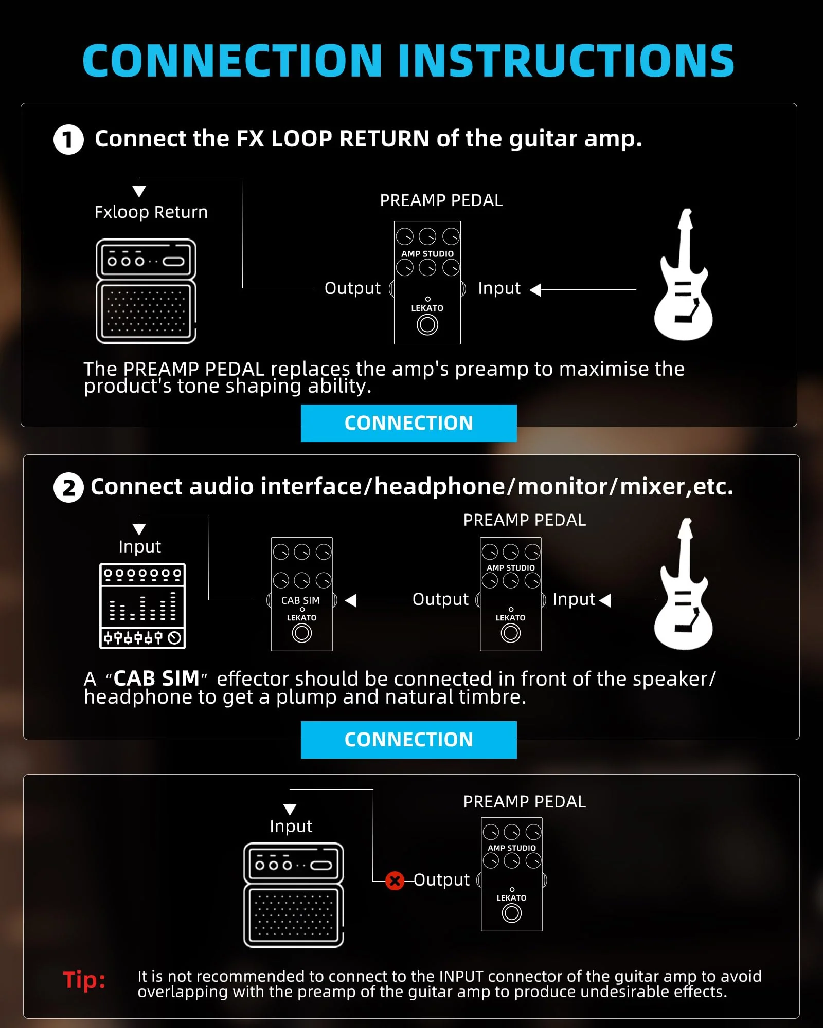 LEKATO Amp Simulator Guitar Effect Pedal with True Bypass Clean to Overdrive for Electric Guitar Bypass (EP-01) Black Amp Simulator - Image 5