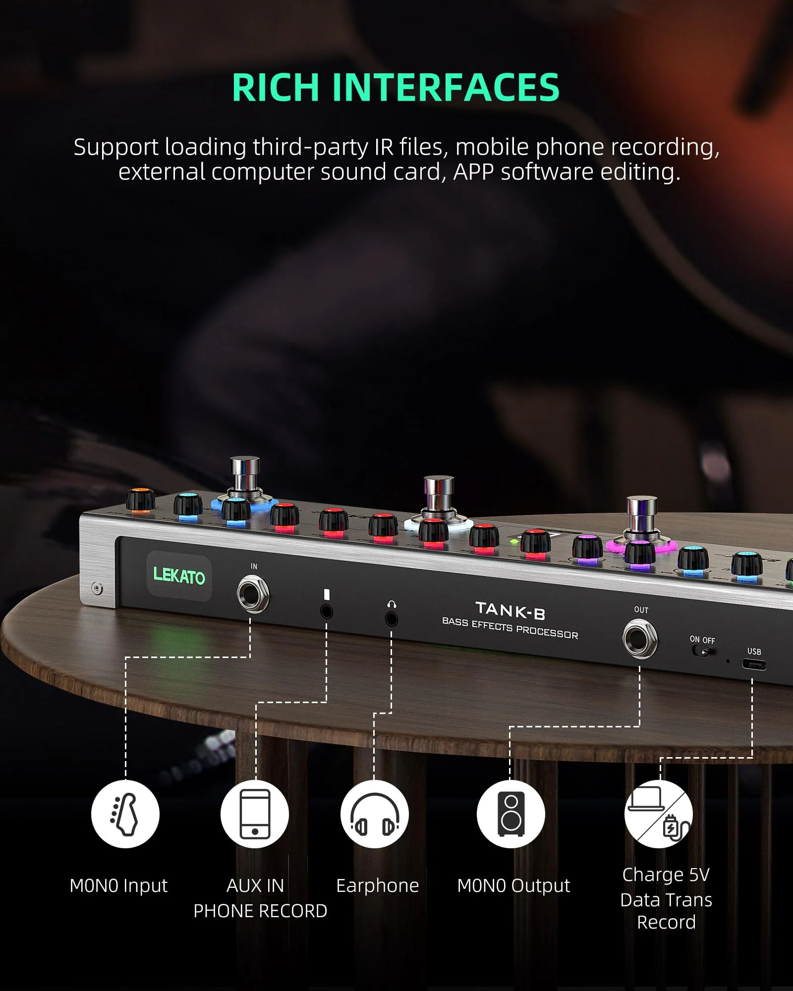 LEKATO Bass Multi Effects Pedal, Bass Effects Pedal with 36 Presets, Editable 4 Modules, Amp, Compressor, Mod, Space, Reverb, IR CAB, Tuner, BT Connection, Music Recording For Bass Guitar - Image 5