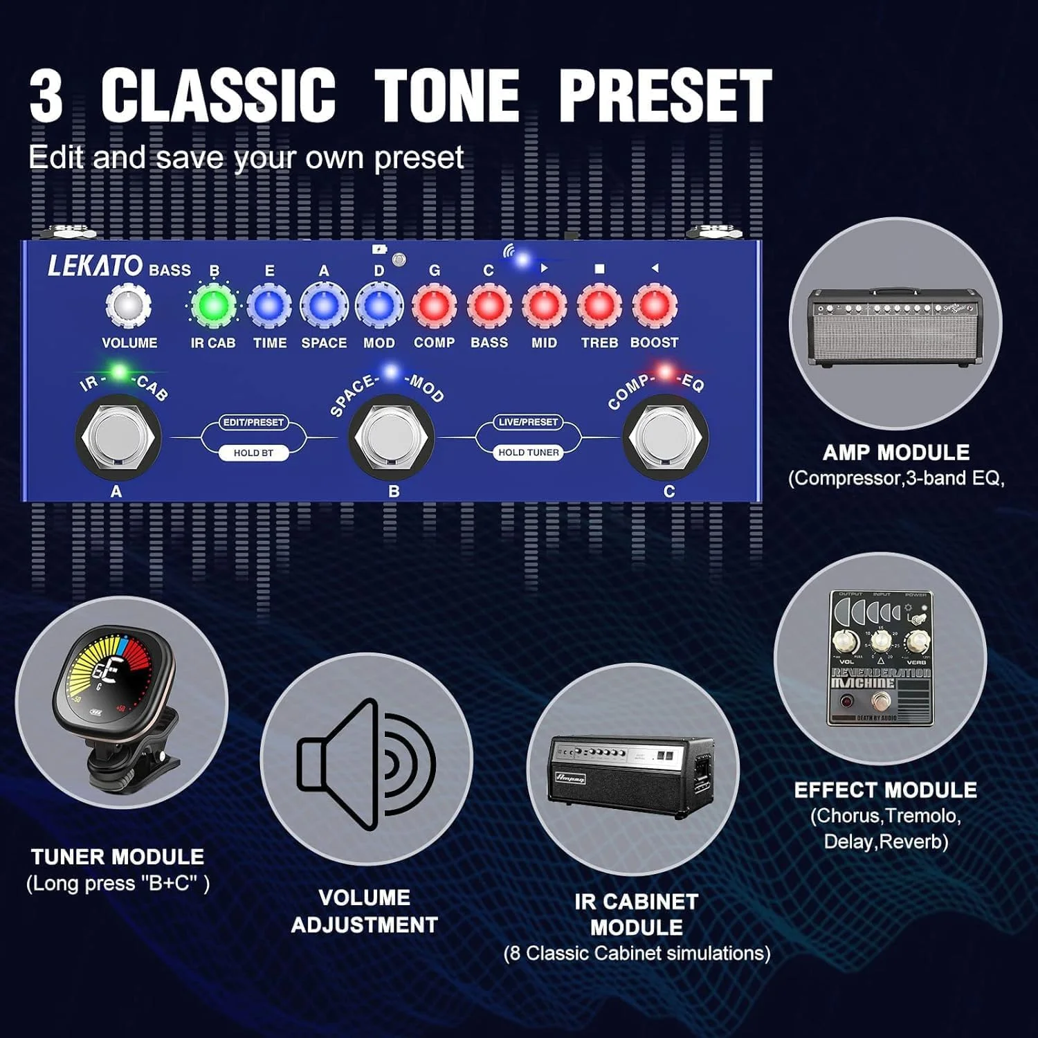 LEKATO Bass Multi Effects Pedal, Guiter Peda with IR Loading 9 AMP Models, Delay Reverb Chorus, Multi Effects Processor for Bass, Bluetooth 5.0,Recording, Built-in Battery For Bass Guitar - Image 2