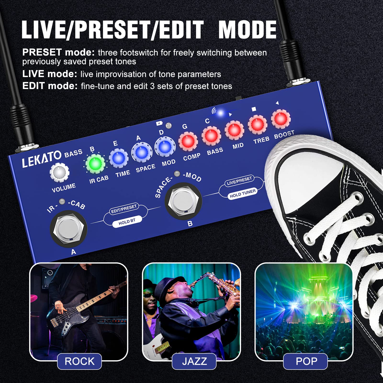 LEKATO Bass Multi Effects Pedal, Guiter Peda with IR Loading 9 AMP Models, Delay Reverb Chorus, Multi Effects Processor for Bass, Bluetooth 5.0,Recording, Built-in Battery For Bass Guitar - Image 4