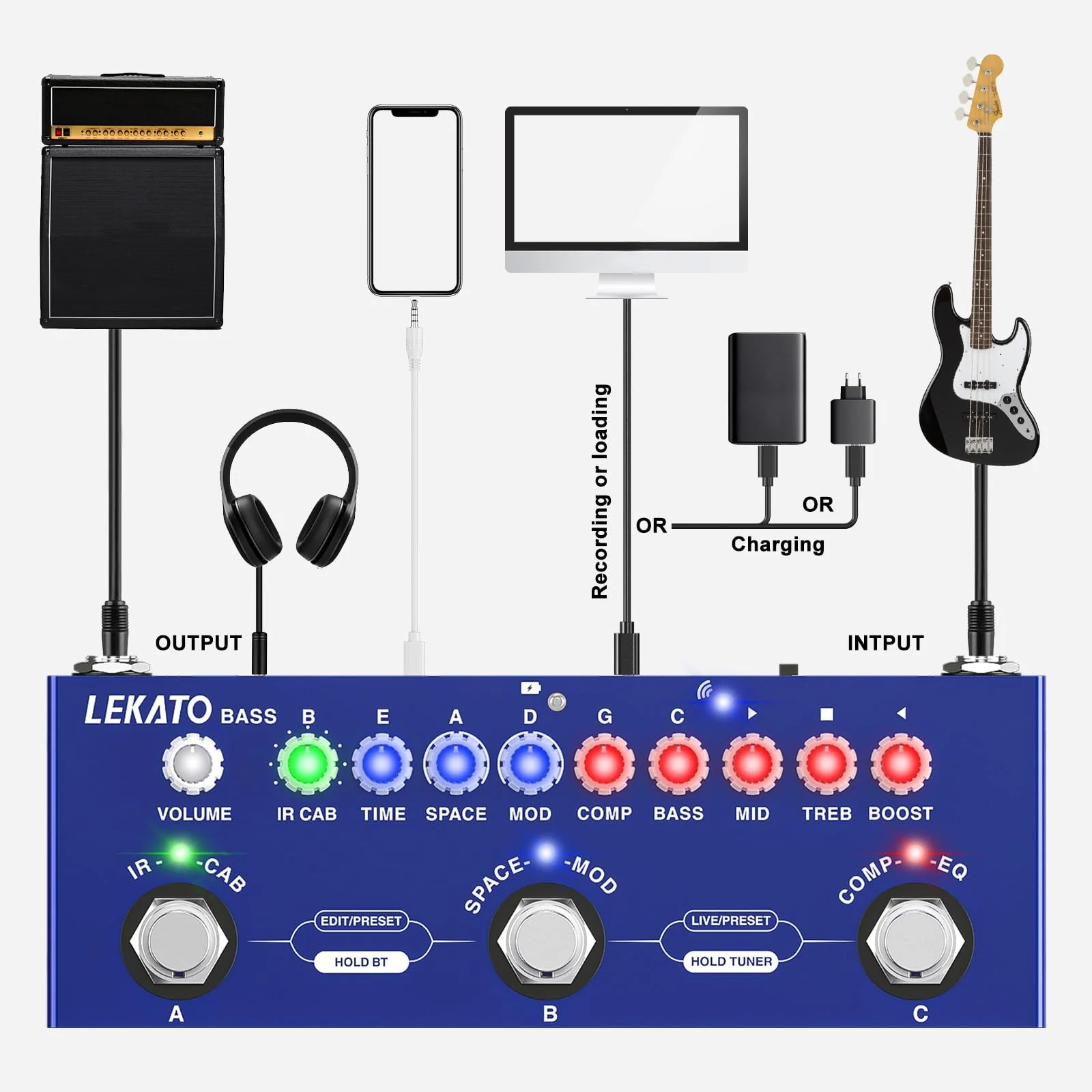 LEKATO Bass Multi Effects Pedal, Guiter Peda with IR Loading 9 AMP Models, Delay Reverb Chorus, Multi Effects Processor for Bass, Bluetooth 5.0,Recording, Built-in Battery For Bass Guitar - Image 7