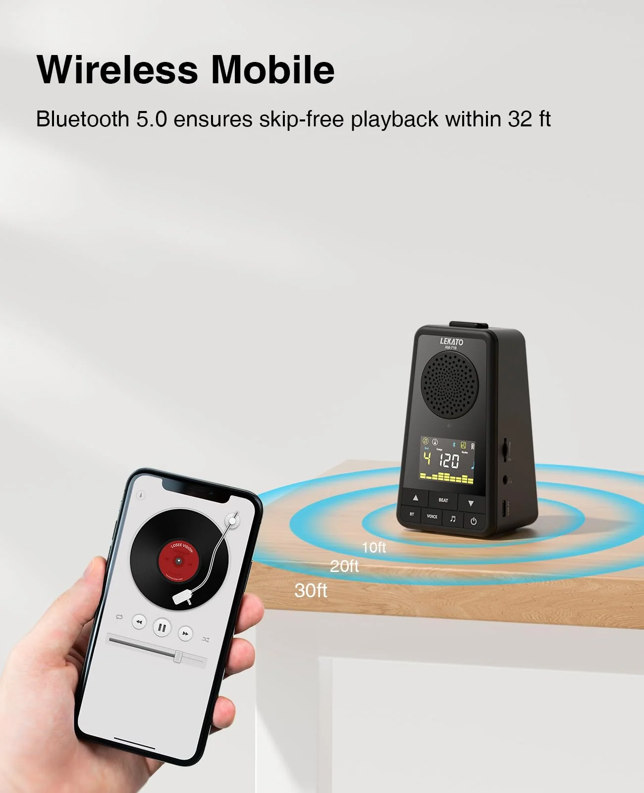 LEKATO Bluetooth Speaker Metronome for Guitar Piano Drum, Rechargeable 2-in-1 Electronic Digital Metronome with Vocal Counts, Portable Wireless Speaker Beats Mixer, Black 2-in-1 Bluetooth Speaker Metronome-Black - Image 3