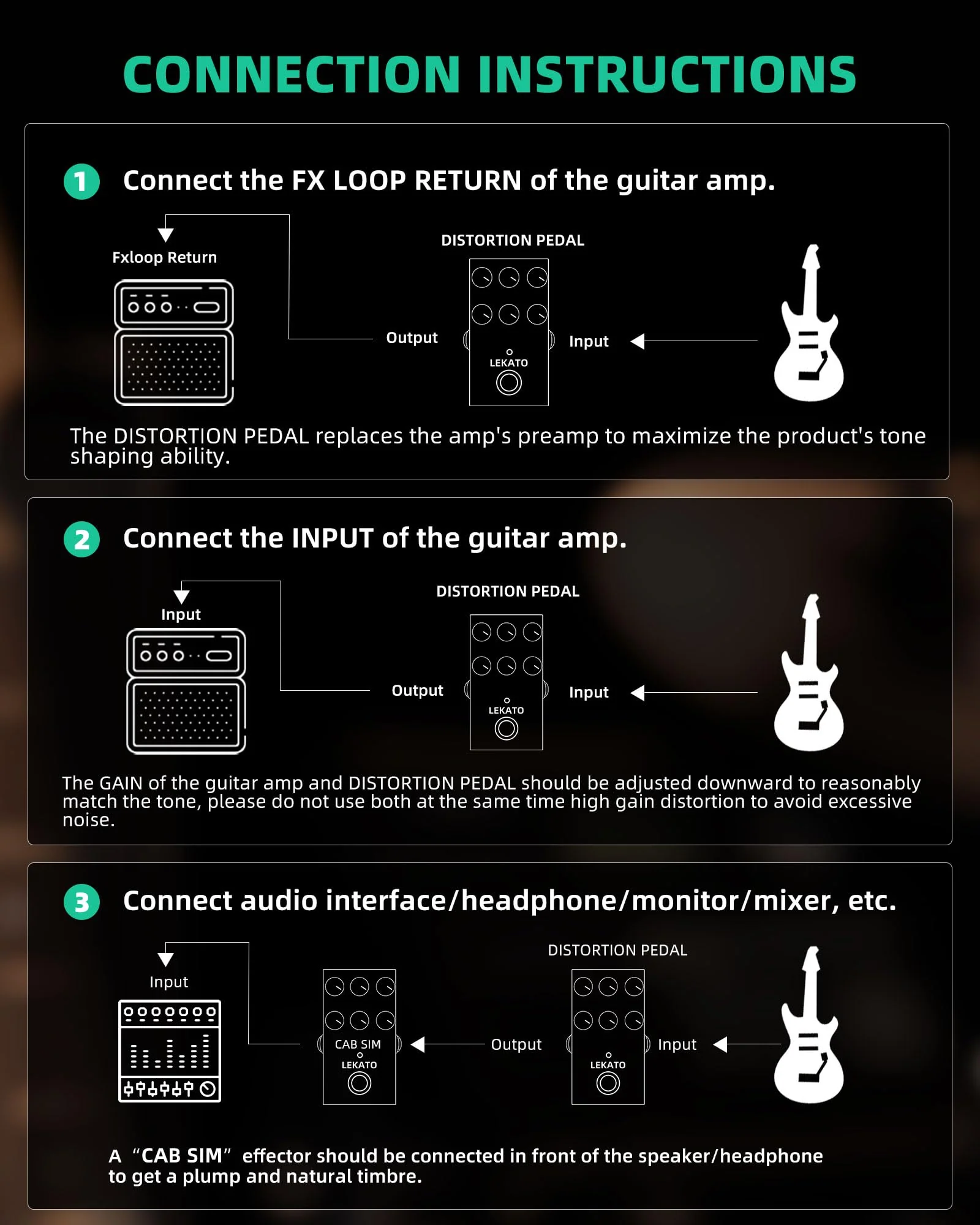 LEKATO Boost Distortion Overdrive Digital Guitar Effect Pedal with 9 Tones, 3-band EQ, True Bypass, Combo Clean Pedal for Electric Guitar Green Boost Distortion - Image 7