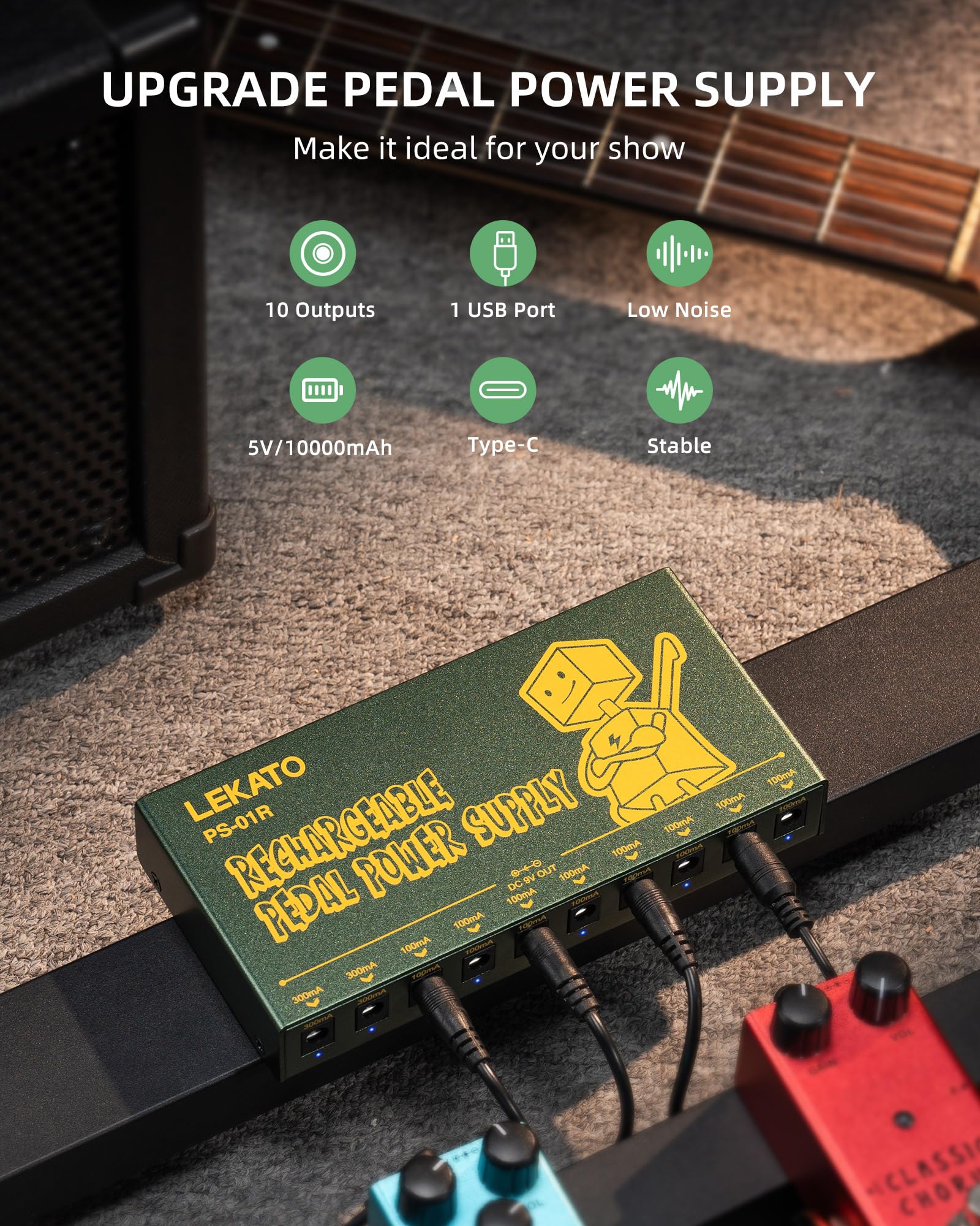 LEKATO Built-in 10000mAh Rechargeable Battery Guitar Pedal Power Supply, 10 Isolated DC Outputs, 9V 300mA, 100mA Effect Pedal Boards Power Supply, 5V/1A USB Port, Short Circuit Protection, PS-01R - Image 2