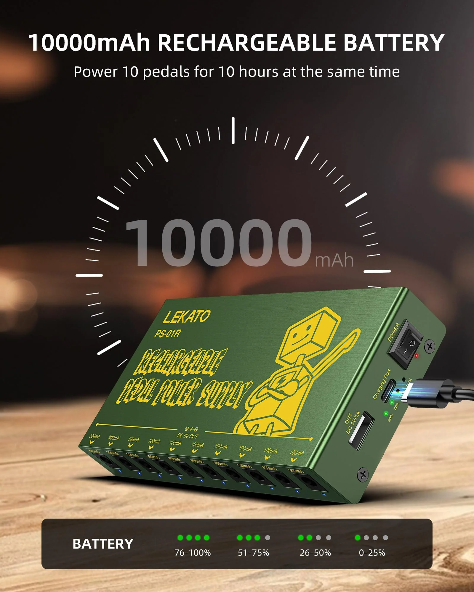 LEKATO Built-in 10000mAh Rechargeable Battery Guitar Pedal Power Supply, 10 Isolated DC Outputs, 9V 300mA, 100mA Effect Pedal Boards Power Supply, 5V/1A USB Port, Short Circuit Protection, PS-01R - Image 3