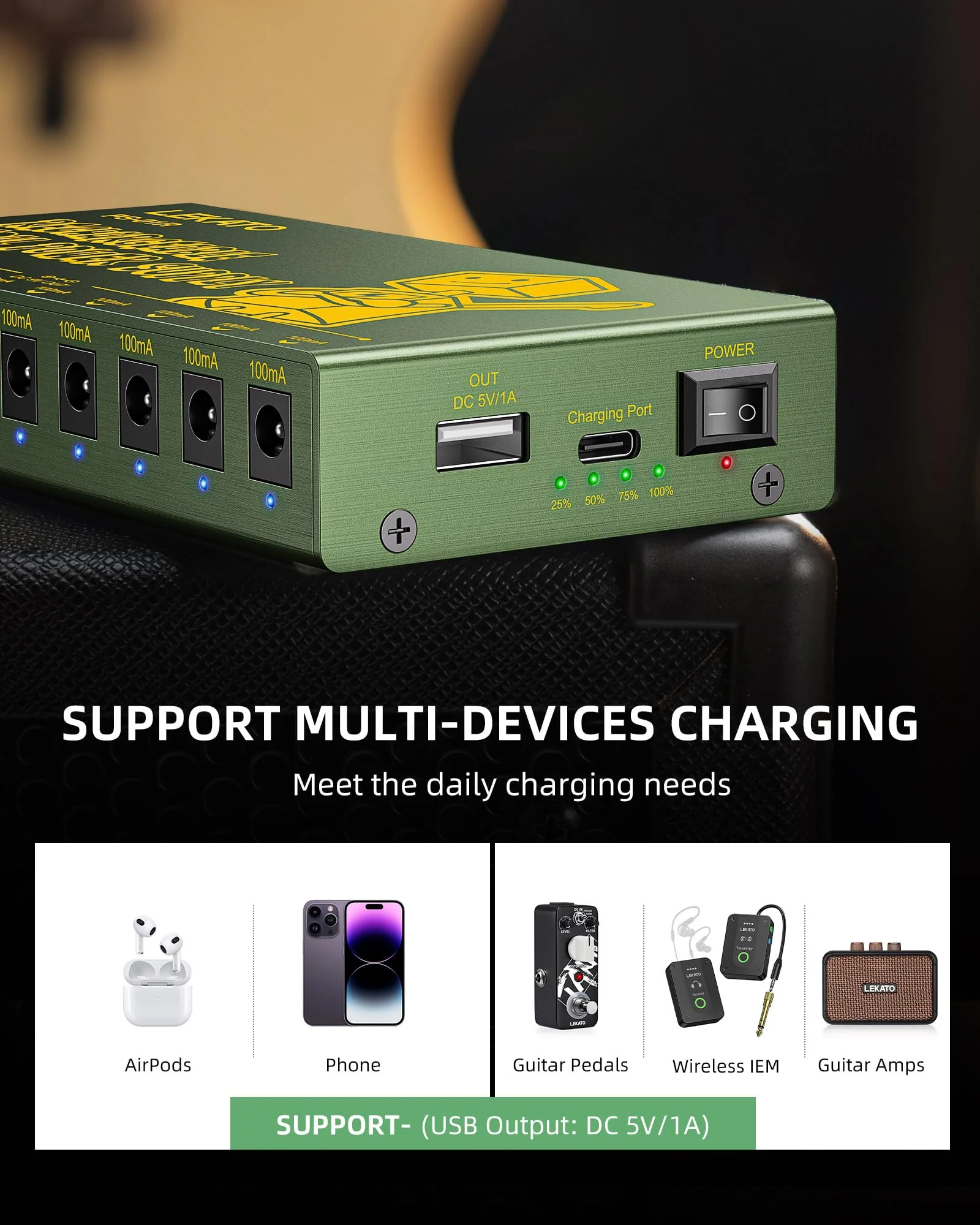 LEKATO Built-in 10000mAh Rechargeable Battery Guitar Pedal Power Supply, 10 Isolated DC Outputs, 9V 300mA, 100mA Effect Pedal Boards Power Supply, 5V/1A USB Port, Short Circuit Protection, PS-01R - Image 4