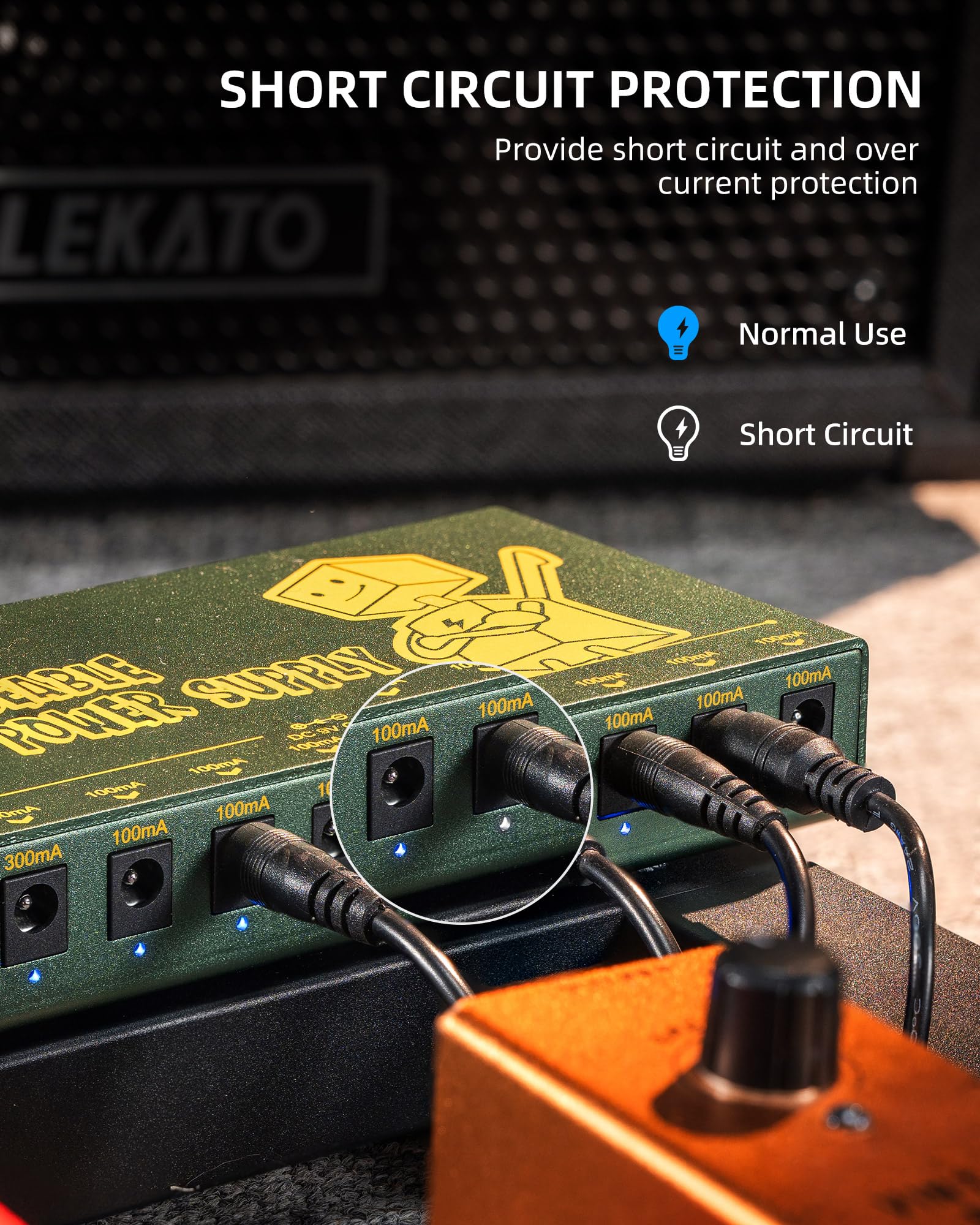 LEKATO Built-in 10000mAh Rechargeable Battery Guitar Pedal Power Supply, 10 Isolated DC Outputs, 9V 300mA, 100mA Effect Pedal Boards Power Supply, 5V/1A USB Port, Short Circuit Protection, PS-01R - Image 6