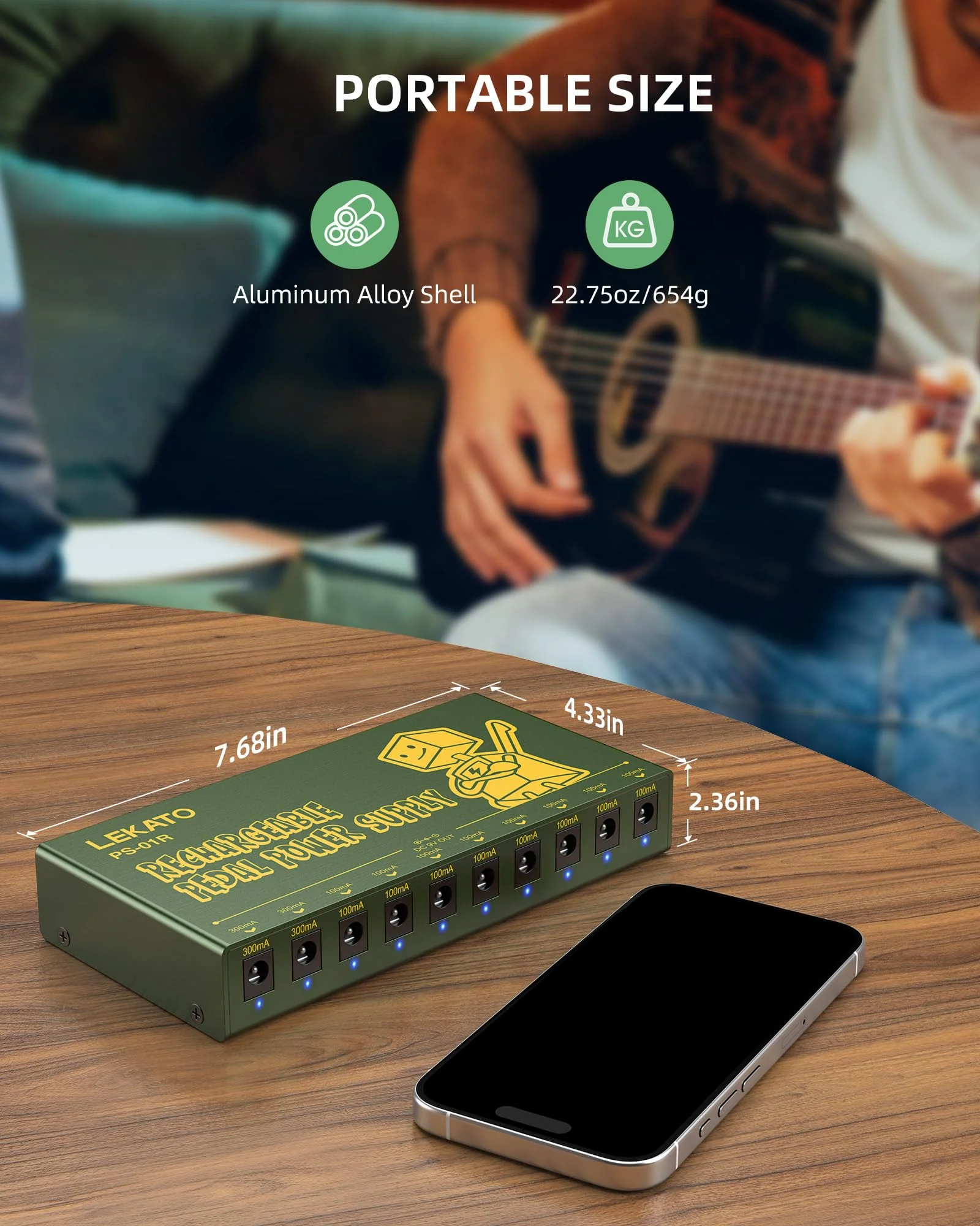 LEKATO Built-in 10000mAh Rechargeable Battery Guitar Pedal Power Supply, 10 Isolated DC Outputs, 9V 300mA, 100mA Effect Pedal Boards Power Supply, 5V/1A USB Port, Short Circuit Protection, PS-01R - Image 7
