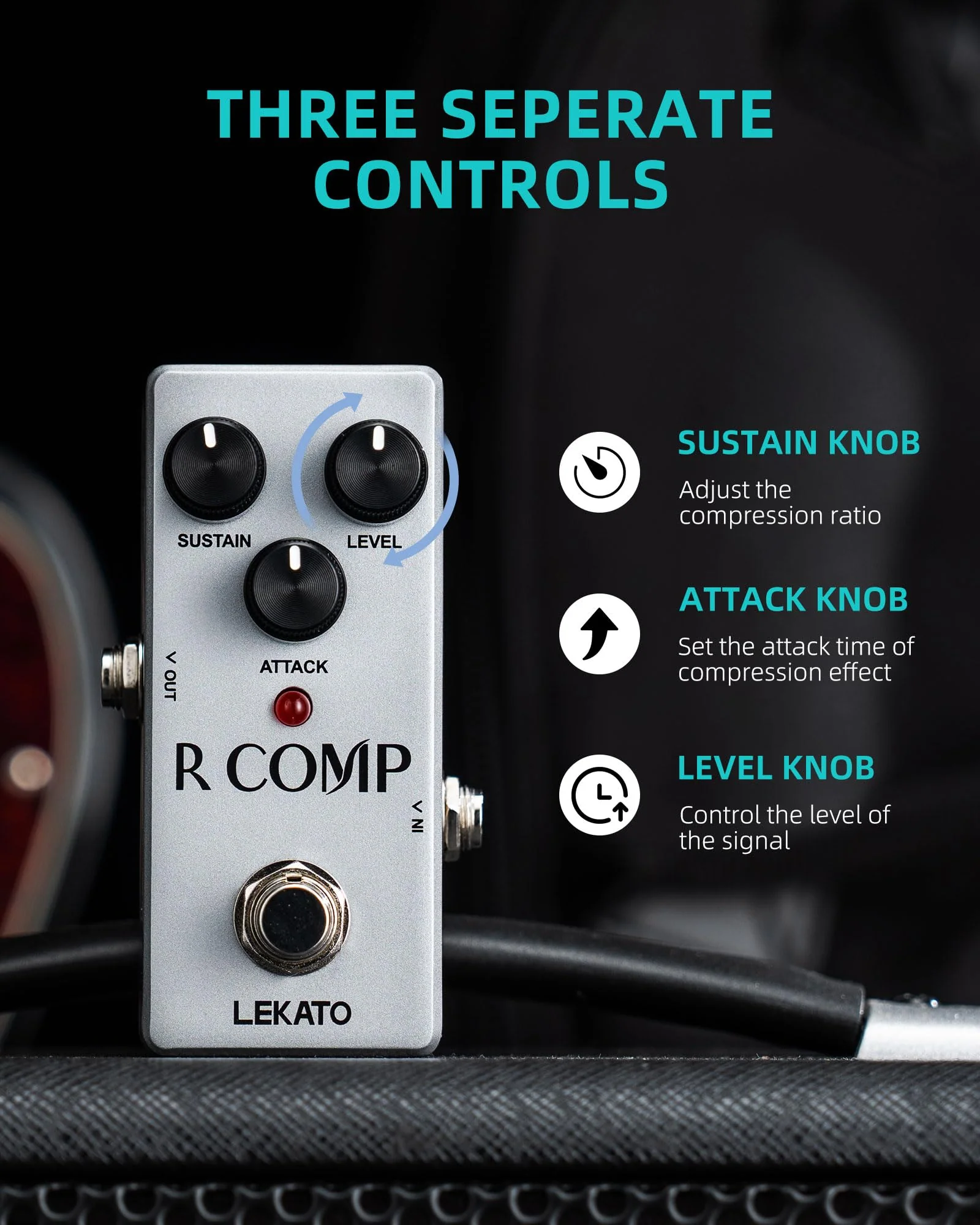 LEKATO Compressor Pedal, FET Compressor Effect Pedal, Mini Compressor Pedal Analog for Electric Guitar and Bass, True Bypass 9V - Image 2