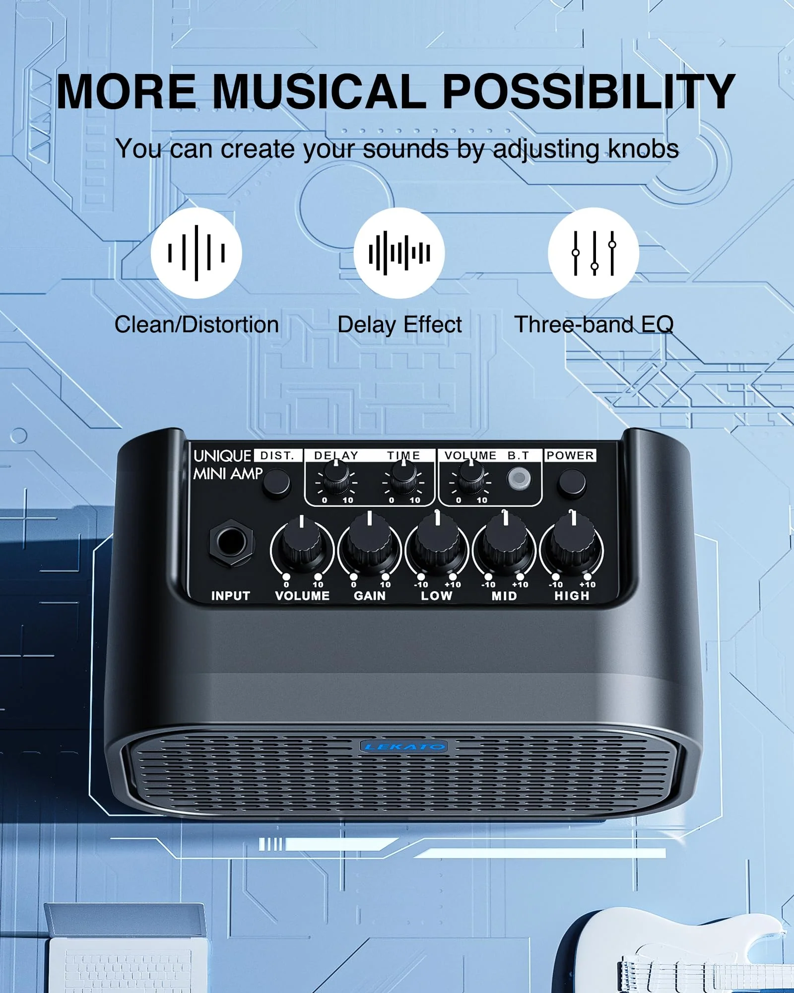 LEKATO Electric Guitar Amp, 10W Mini Guitar Amp, Distortion, Clean, Delay, Three-Band EQ, Gain Regulation, Bluetooth Guitar Amp Portable for Travel, Room Practice Black - Image 3