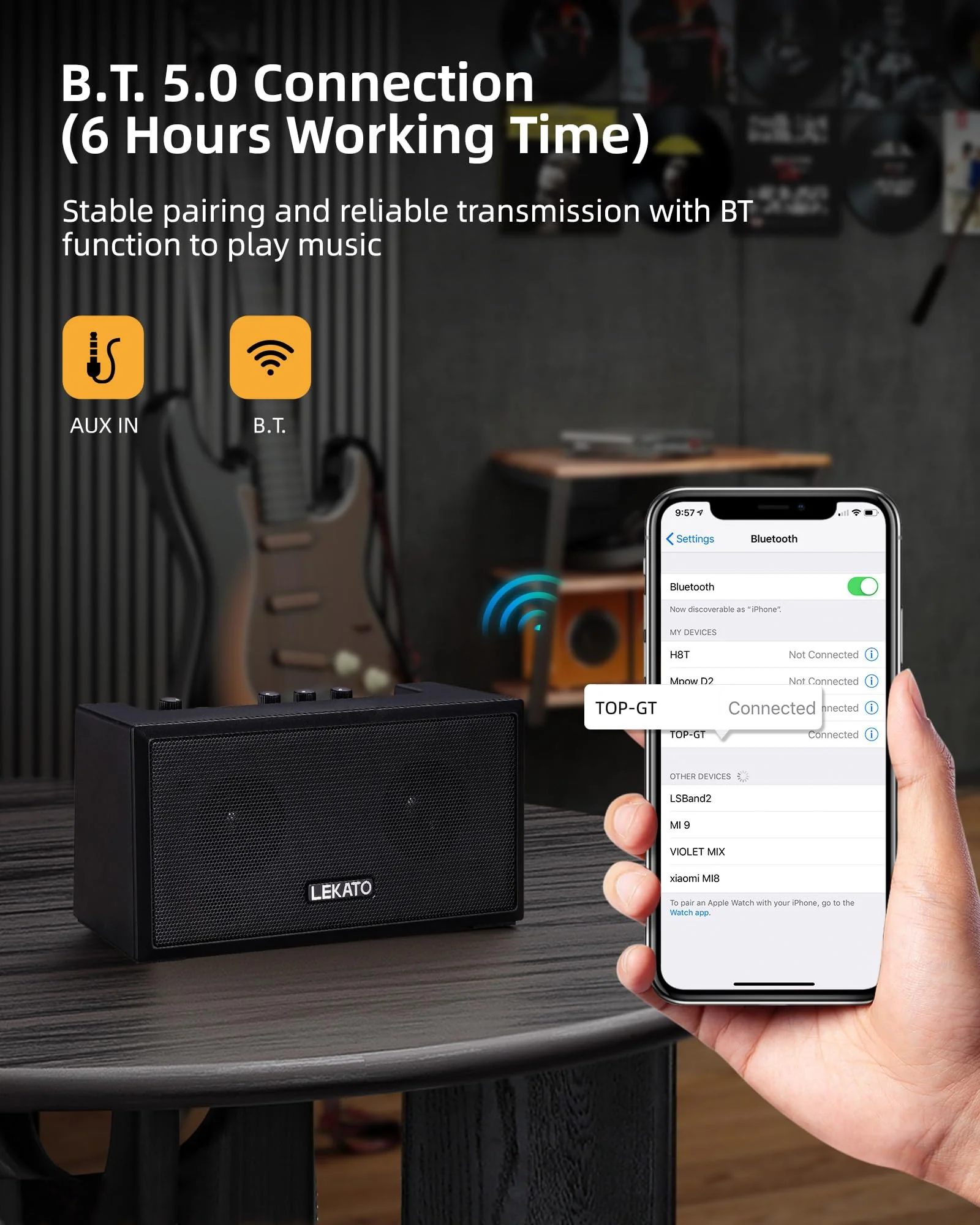 LEKATO Guitar Amplifier with Clean Overdrive Effects 5W Rchargeable Electric Guitar Amp Small Bass Amplifier Bluetooth Bass Amplifier for Daily Practice Black - Image 4