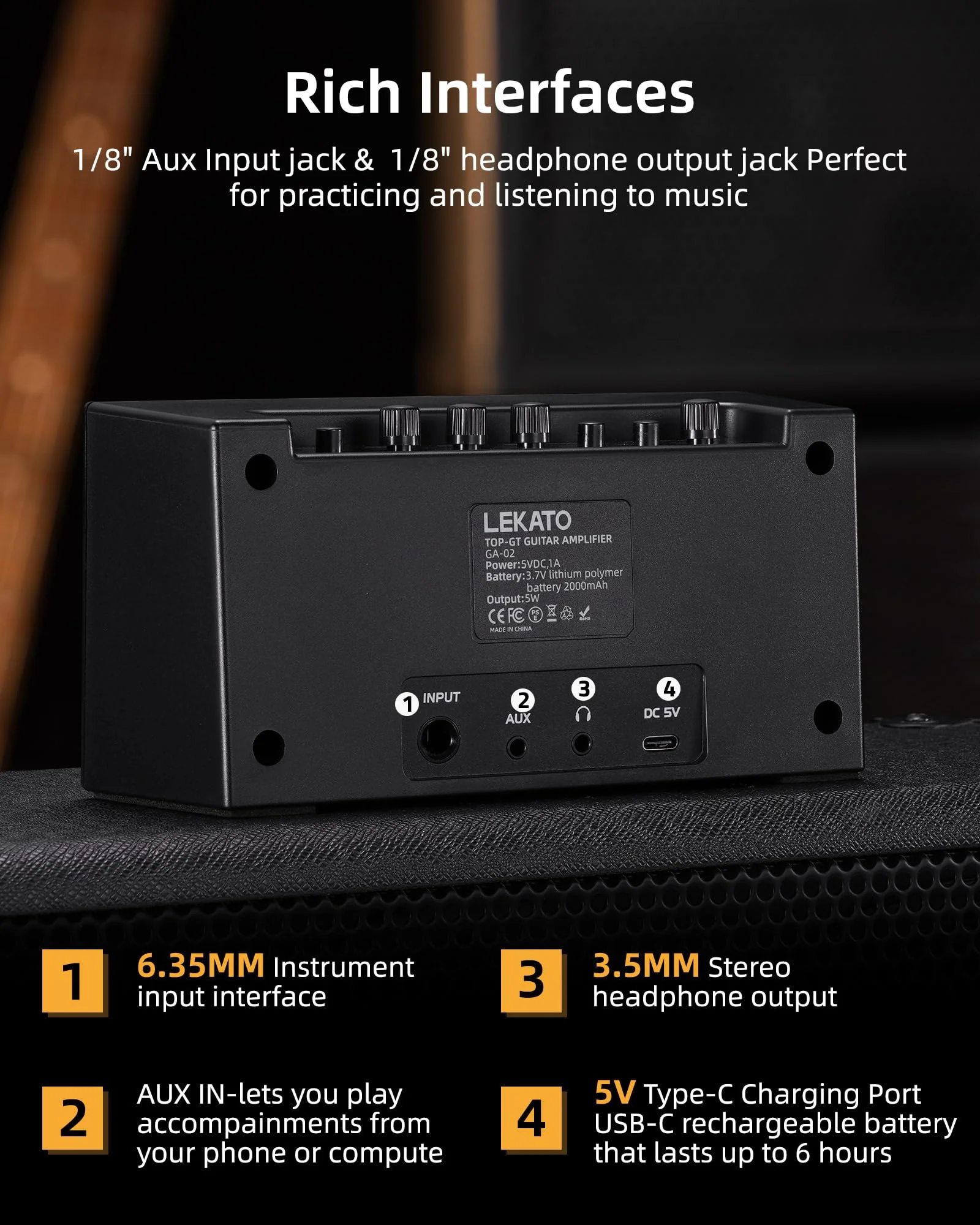 LEKATO Guitar Amplifier with Clean Overdrive Effects 5W Rchargeable Electric Guitar Amp Small Bass Amplifier Bluetooth Bass Amplifier for Daily Practice Black - Image 5