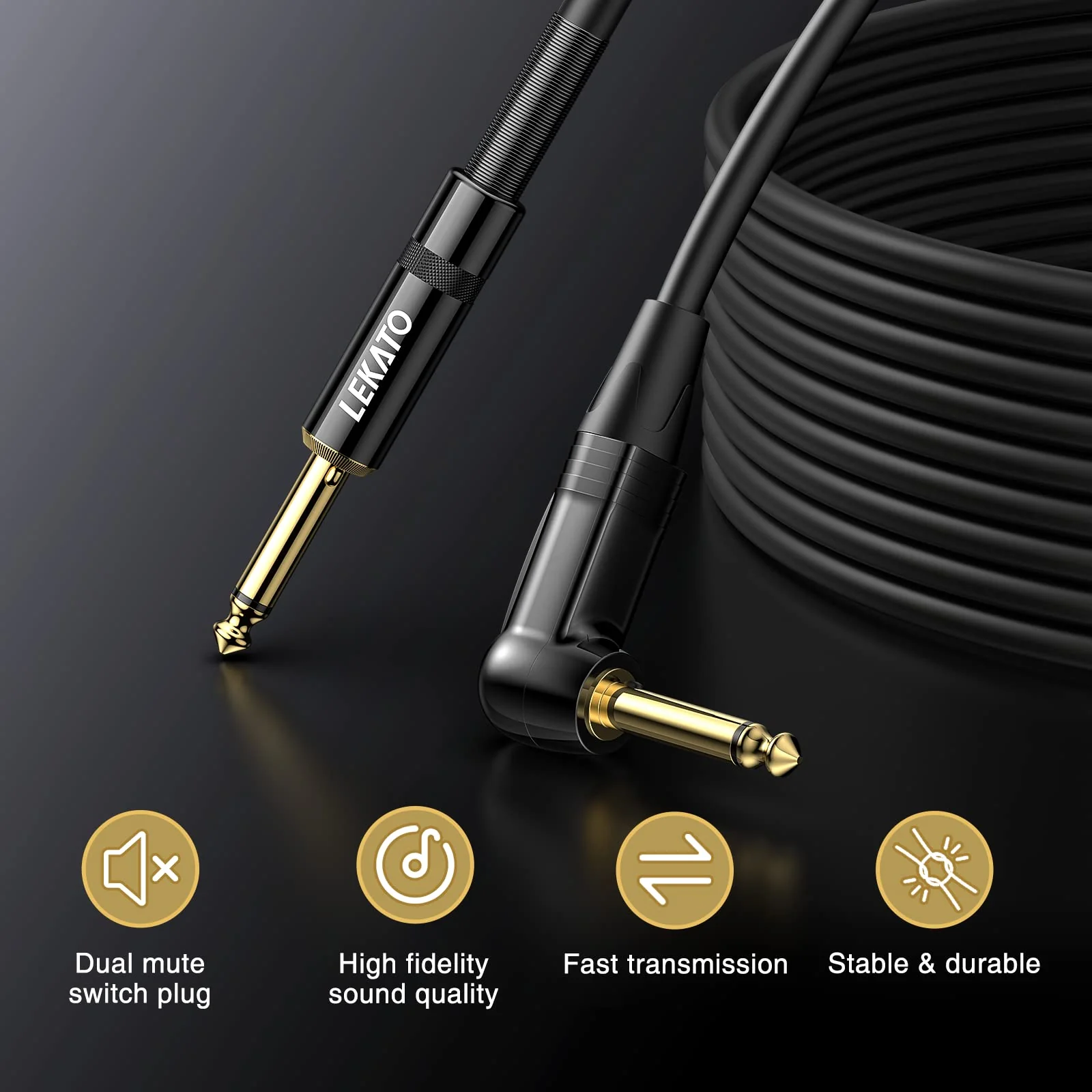 LEKATO Guitar Cable 10ft Exclusive Mute Plug, Electric Instrument Cable for Electric Guitar, Bass, Professional Electric Guitar AMP Cord with Dual Mute Plug Ends, 1/4" Right Angle to Straight Plug - Image 5