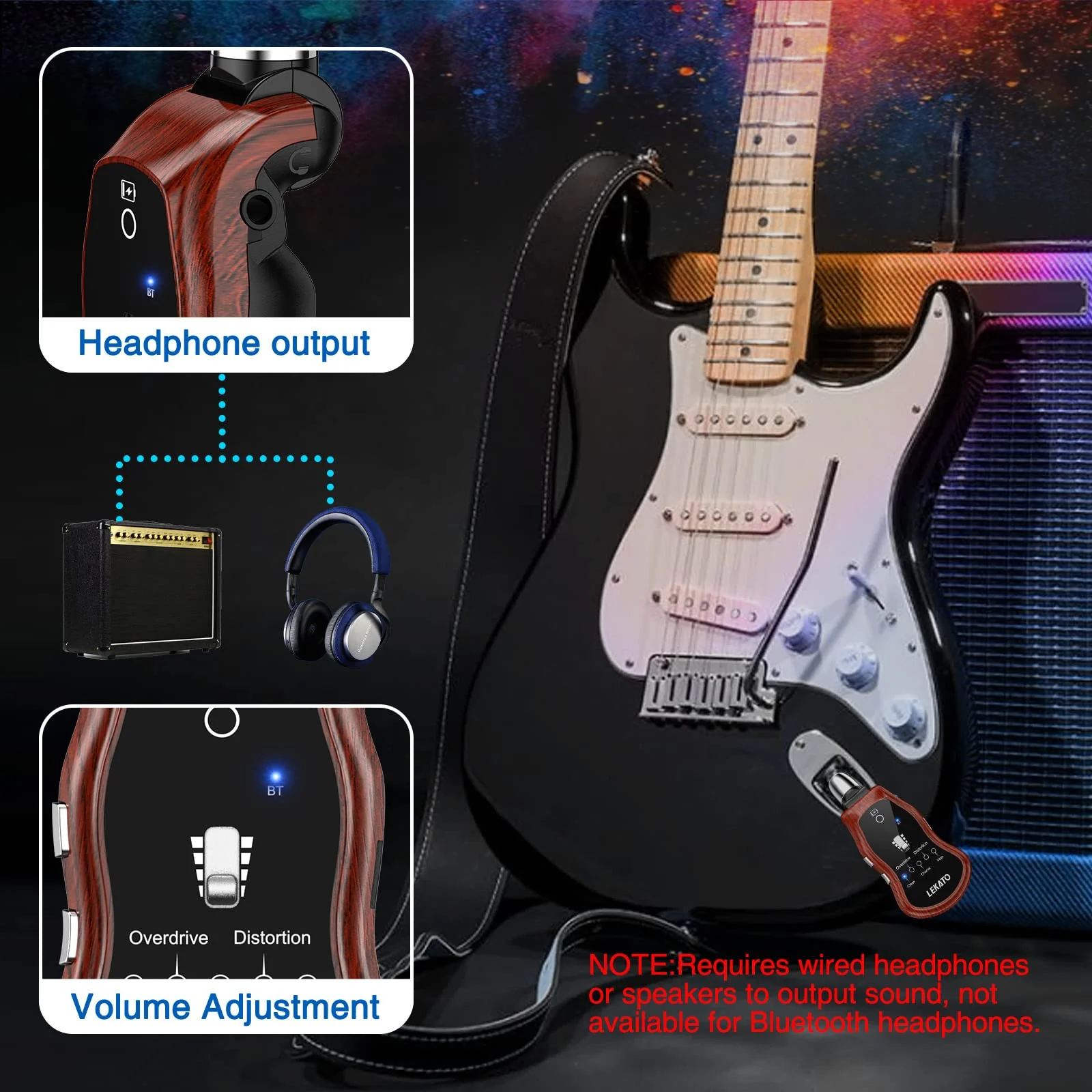 LEKATO Guitar Headphone Amp,Micro Electric Guitar Headphone Amp for Electric Guitar&Bass Rechargeable Bass Headphone Amplifier for Practice with 5 Effects(Clean Chorus Overdrive Distortion and Wah) - Image 5