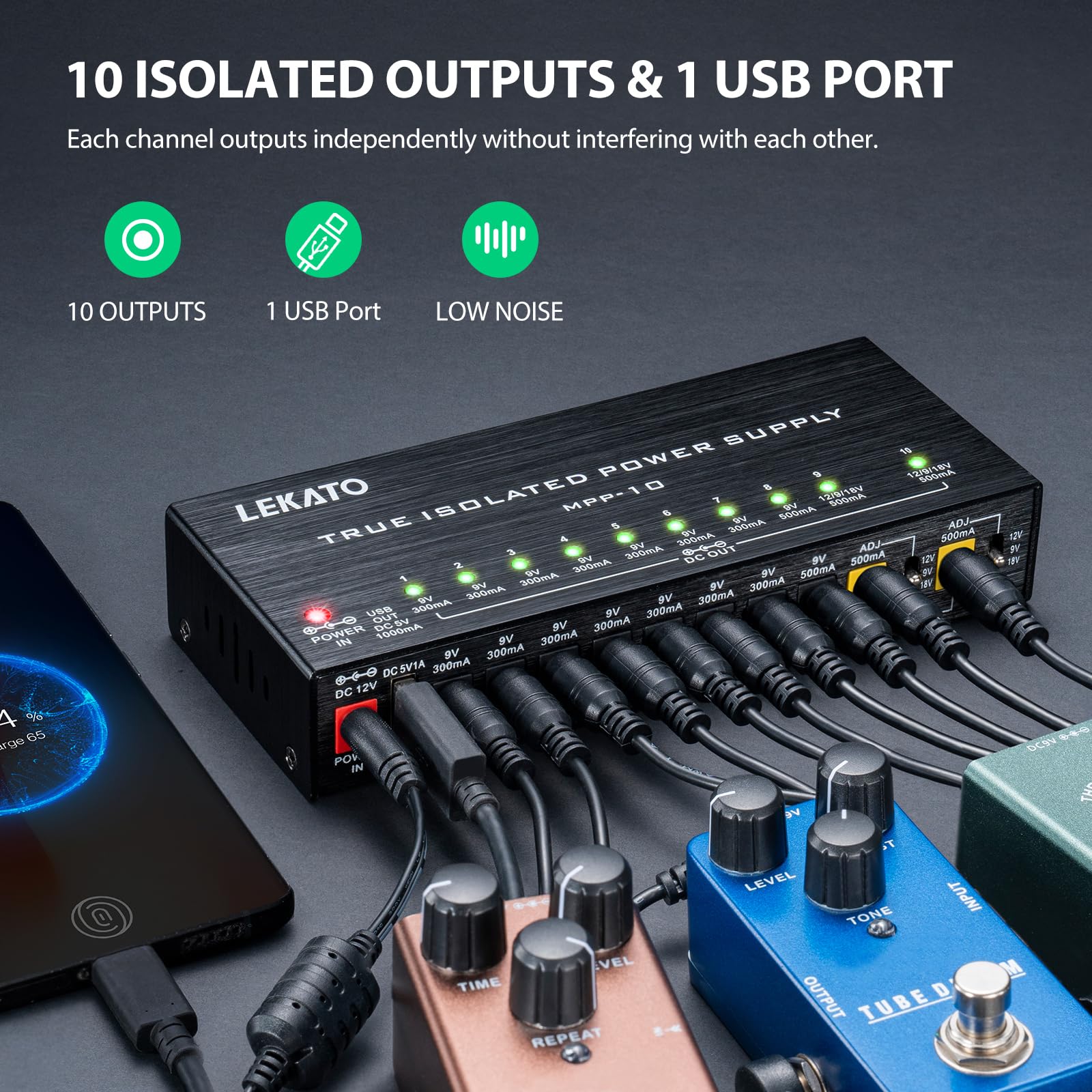 LEKATO Guitar Pedal Power Supply, True Isolated Pedal Power Supply with 10 Ports, USB Port, Short Circuit Protection, Guitar Pedal Power DC Output 9V 12V 18V for Effect Pedal - Image 2