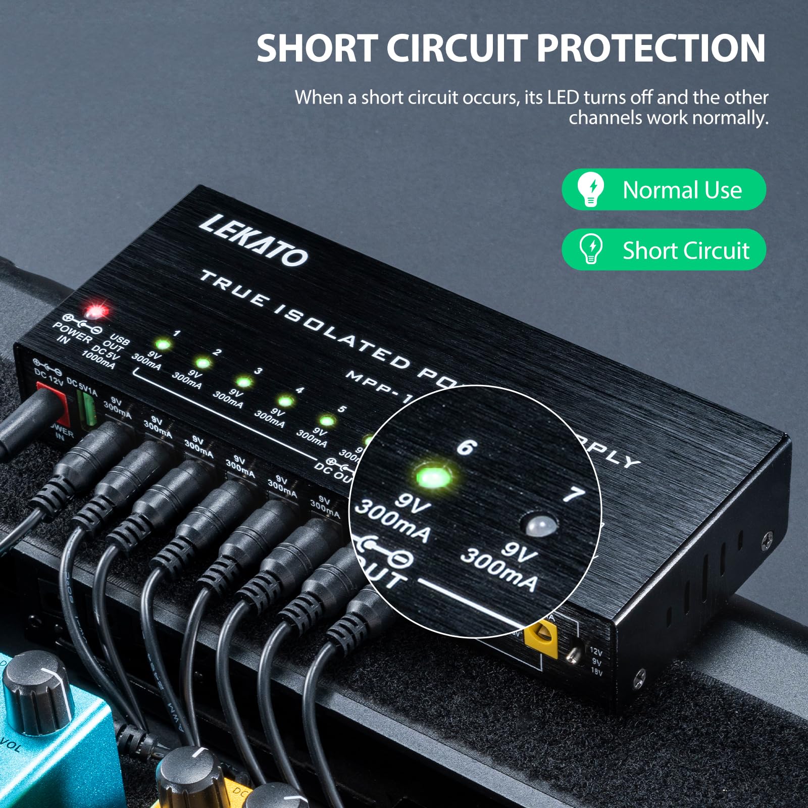 LEKATO Guitar Pedal Power Supply, True Isolated Pedal Power Supply with 10 Ports, USB Port, Short Circuit Protection, Guitar Pedal Power DC Output 9V 12V 18V for Effect Pedal - Image 3