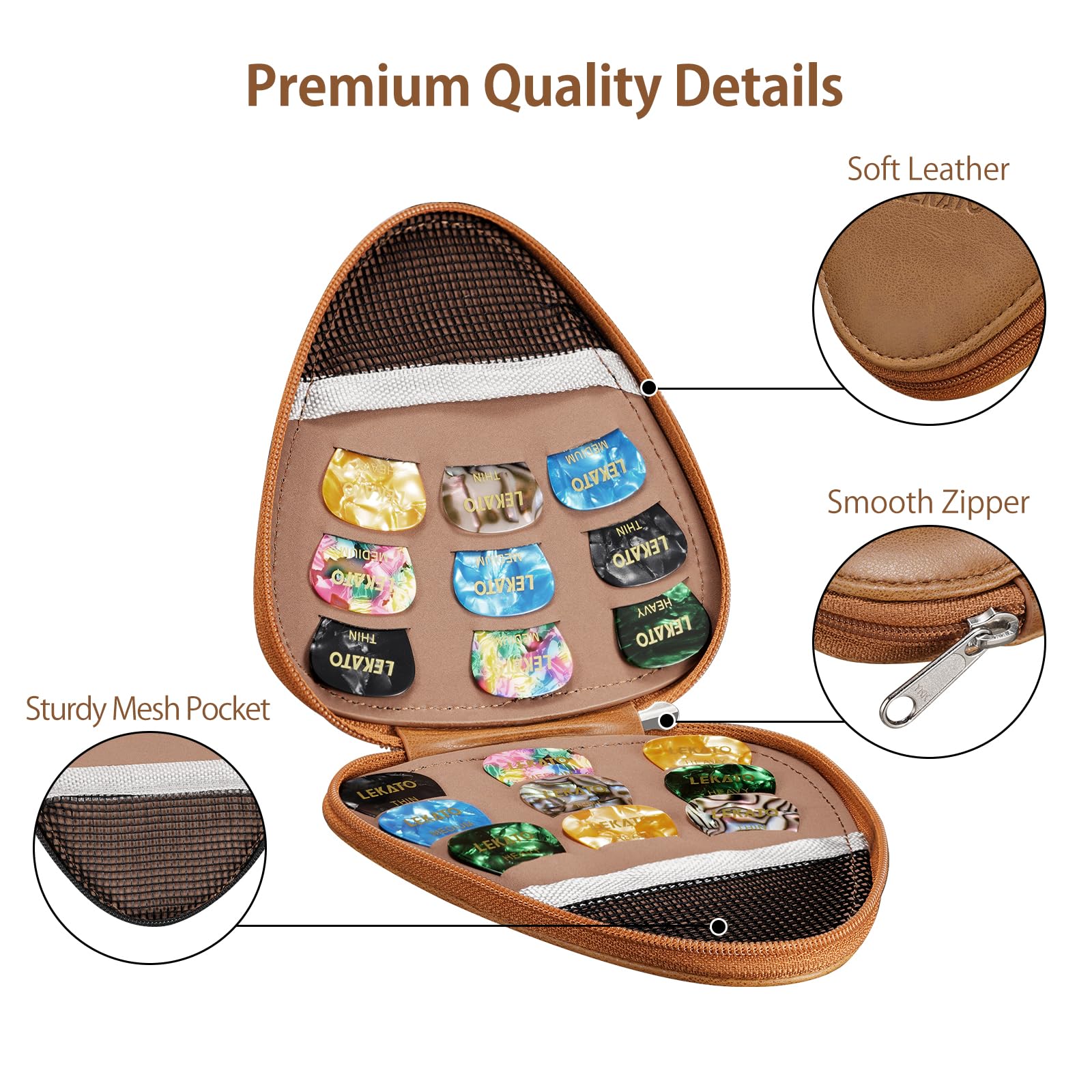 LEKATO Guitar Picks Holder Case with 18 Pcs Picks, PU Leather Organizer Bag with Lanyard, Thin Medium Heavy Plectrums Holder Accessories for Acoustic Electric Guitar Bass, Gift for Guitar Players Brown - Image 3