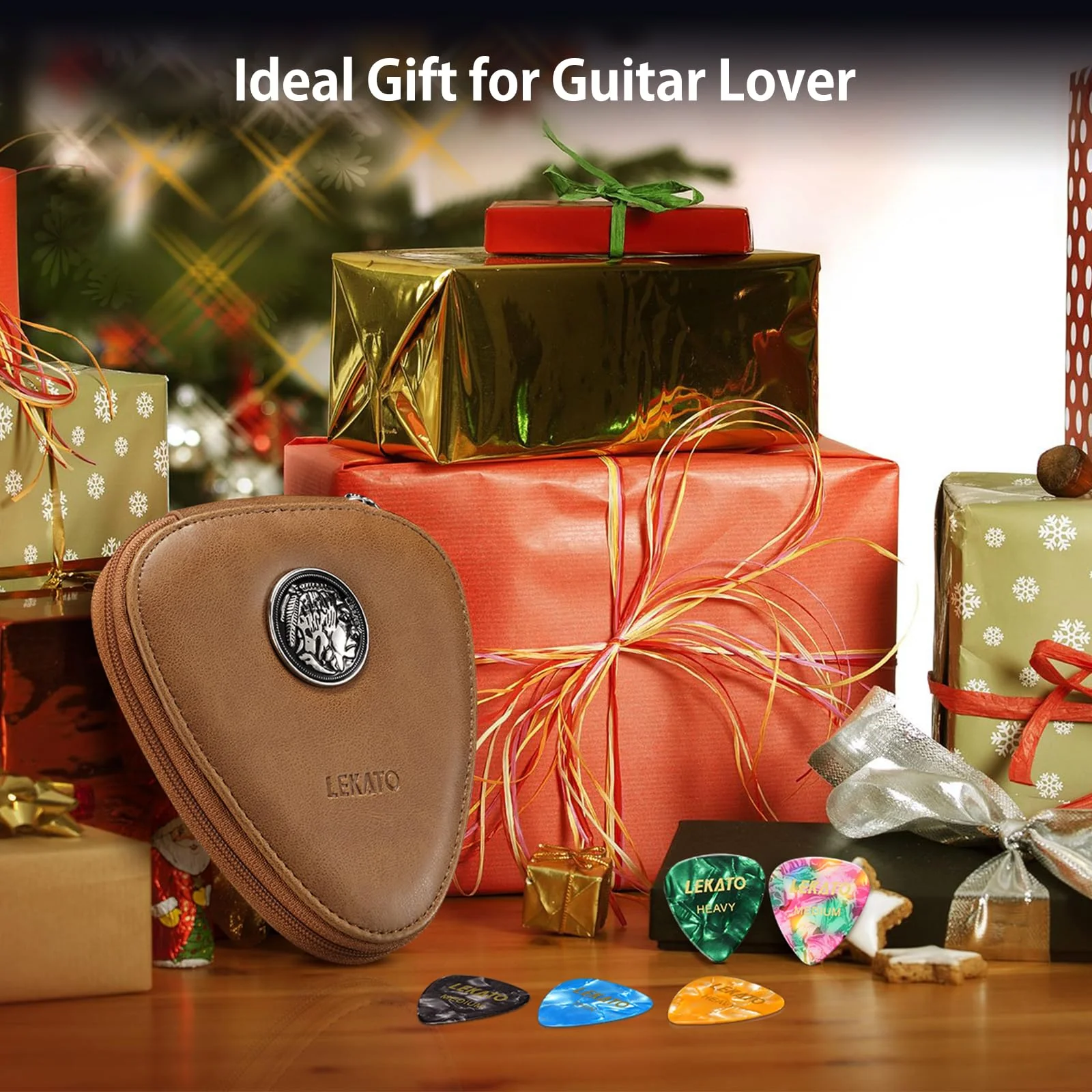 LEKATO Guitar Picks Holder Case with 18 Pcs Picks, PU Leather Organizer Bag with Lanyard, Thin Medium Heavy Plectrums Holder Accessories for Acoustic Electric Guitar Bass, Gift for Guitar Players Brown - Image 4