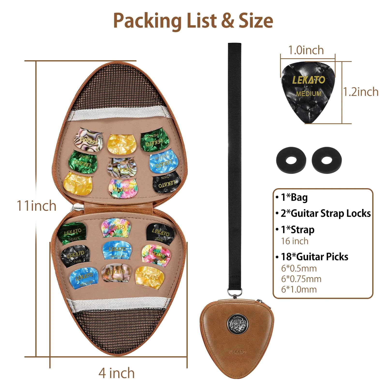 LEKATO Guitar Picks Holder Case with 18 Pcs Picks, PU Leather Organizer Bag with Lanyard, Thin Medium Heavy Plectrums Holder Accessories for Acoustic Electric Guitar Bass, Gift for Guitar Players Brown - Image 7