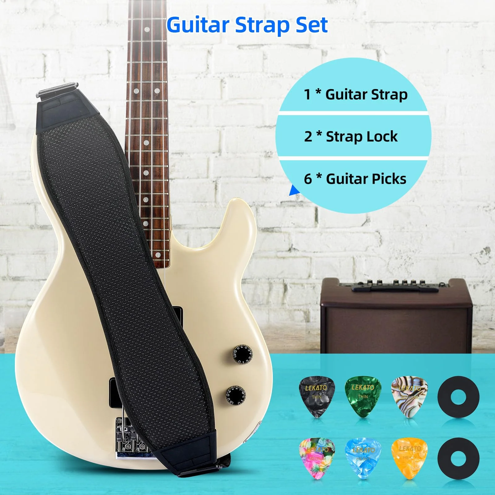 LEKATO Guitar Strap for Electric Guitar Bass with 3.5″ Wide Air Cell Cushions Bass Strap Padded Guitar Straps with Strap Locks, Picks, Adjustable Length from 47″ to 60″ - Image 6