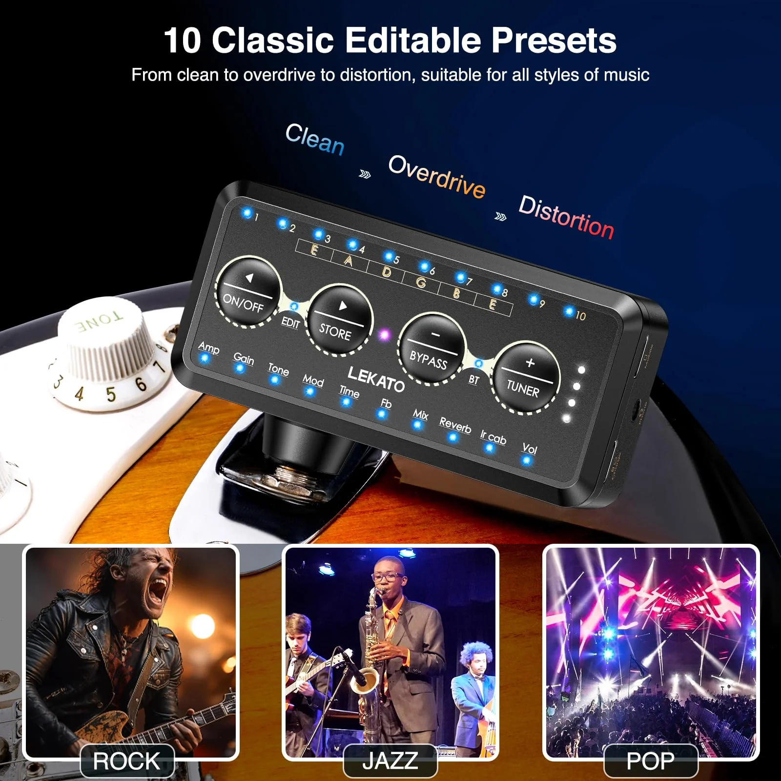 LEKATO Micro Guitar Headphone Amp Bass Guitar Headphone Amplifier with Multi Effects - Amp Models, IR Loading, Tuner, Rechargeable Electric Headphone Amplifier Delay Reverb Chorus Overdrive Portable - Image 5