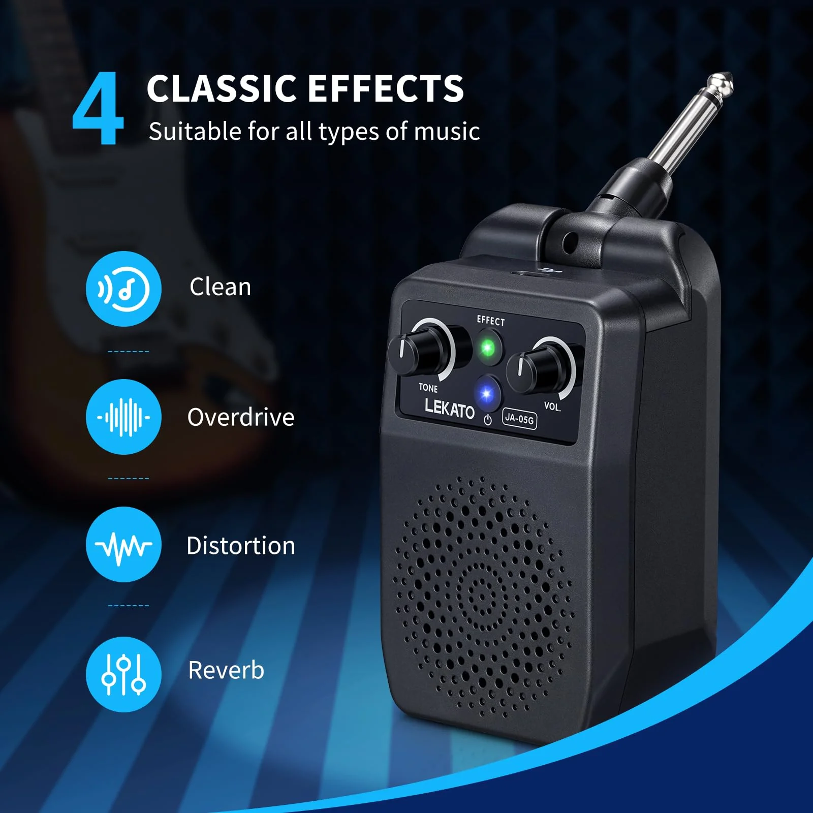 LEKATO Mini Electric Guitar Amp 5W, Portable Guitar Amp Bluetooth with Built-in 4 Effects, Clean Distortion Overdrive Reverb, Rechargeable Small Amplifier for Practice, Black (JA-05G) - Image 2