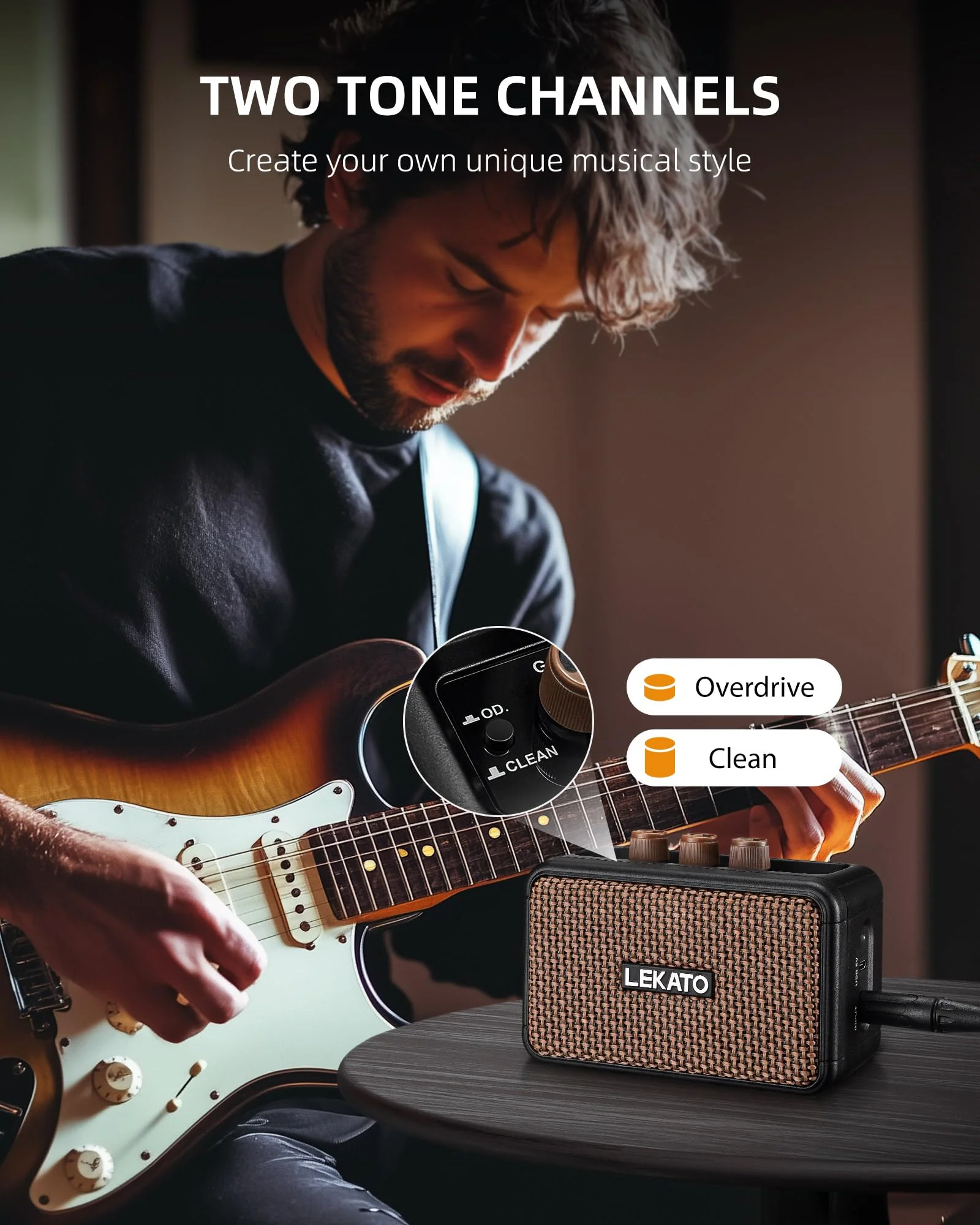 LEKATO Mini Electric Guitar Amplifier, Dual Speakers 5W, Rechargeable Guitar Amp Bluetooth with Clean Overdrive Effects, Headphone Jack, Retro Portable Small Amp for Practice - Image 2