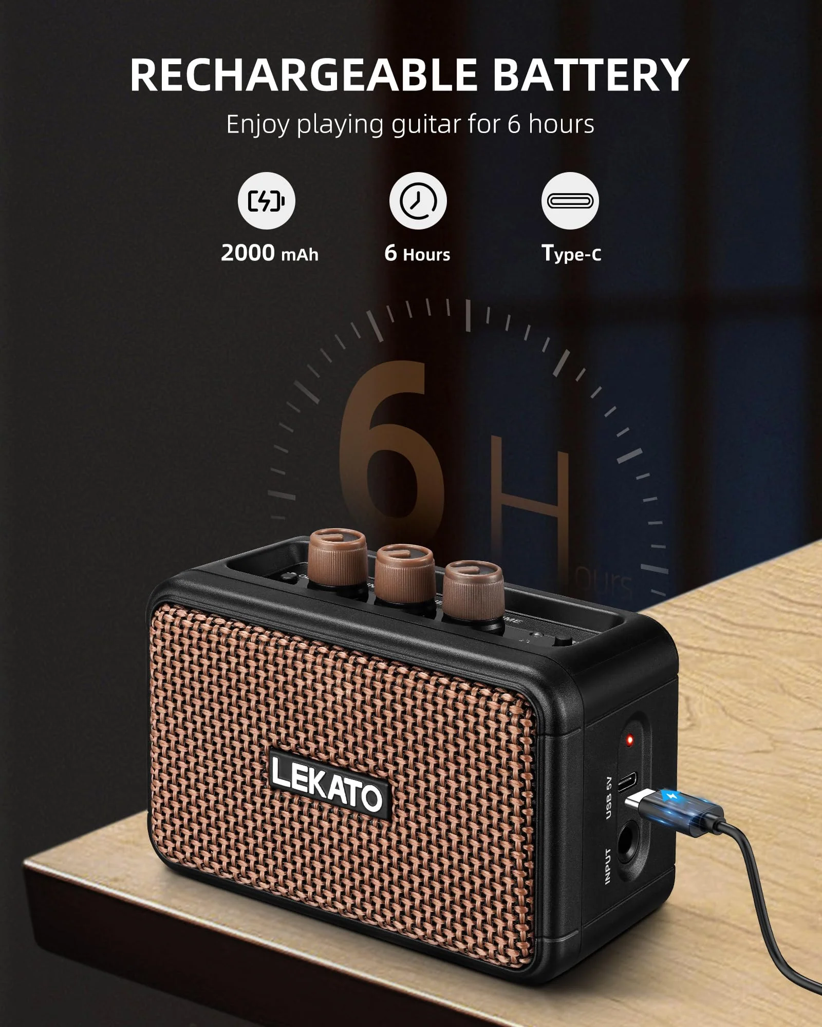LEKATO Mini Electric Guitar Amplifier, Dual Speakers 5W, Rechargeable Guitar Amp Bluetooth with Clean Overdrive Effects, Headphone Jack, Retro Portable Small Amp for Practice - Image 3