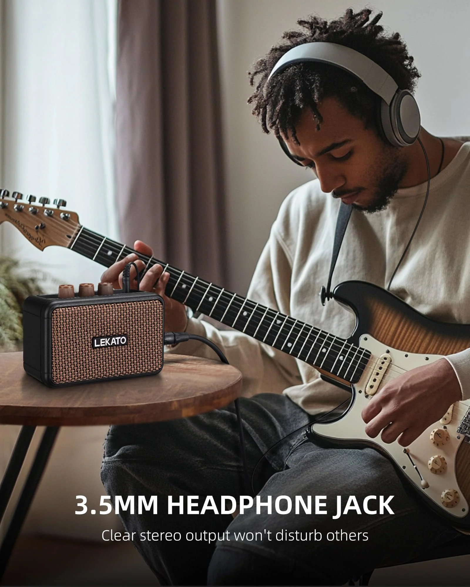 LEKATO Mini Electric Guitar Amplifier, Dual Speakers 5W, Rechargeable Guitar Amp Bluetooth with Clean Overdrive Effects, Headphone Jack, Retro Portable Small Amp for Practice - Image 4